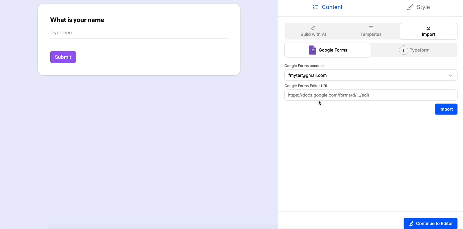 Animated screenshot showing how to customise a Google Form in Weavely AI
