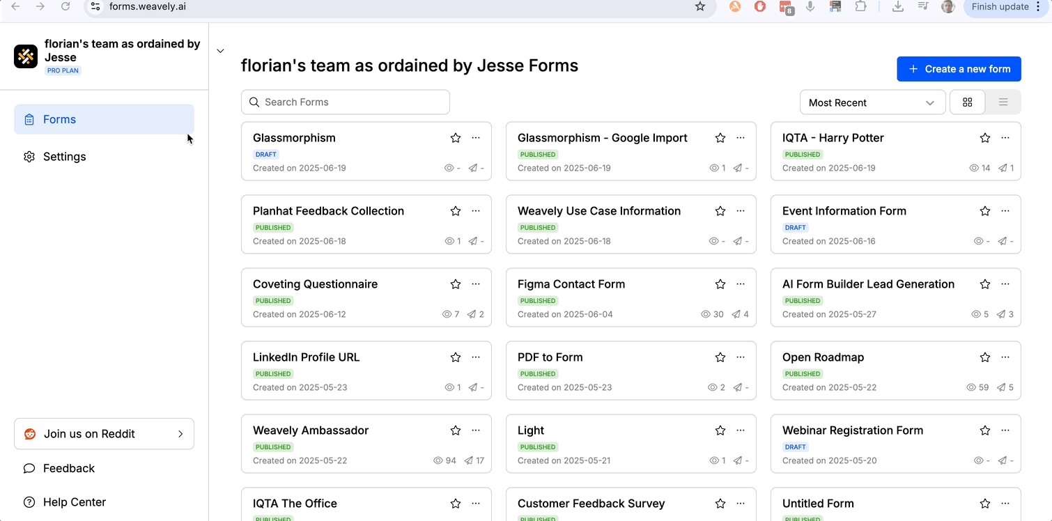 Animated screenshot showing how to access team settings in Weavely AI