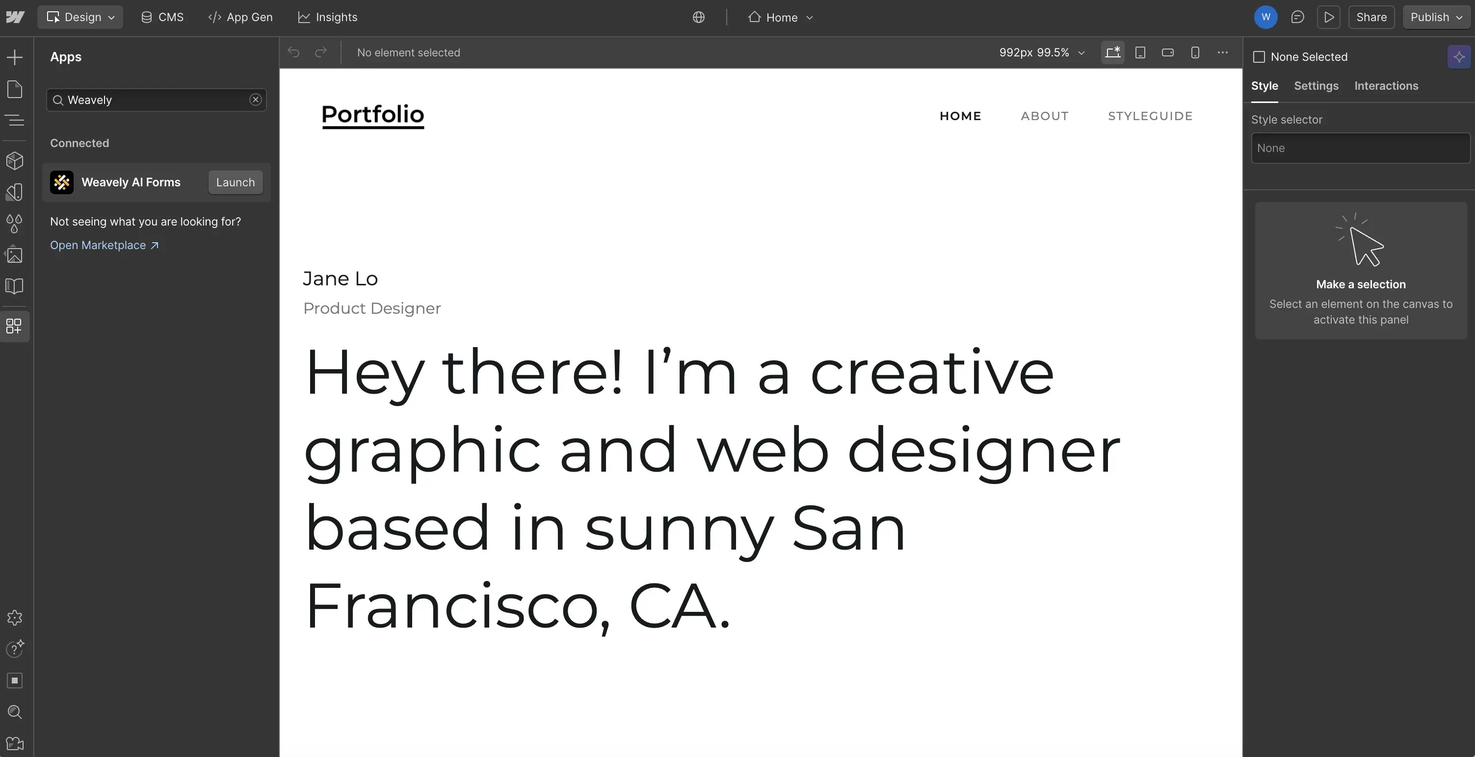 Screenshot showing how to find the Weavely AI Forms app in Webflow