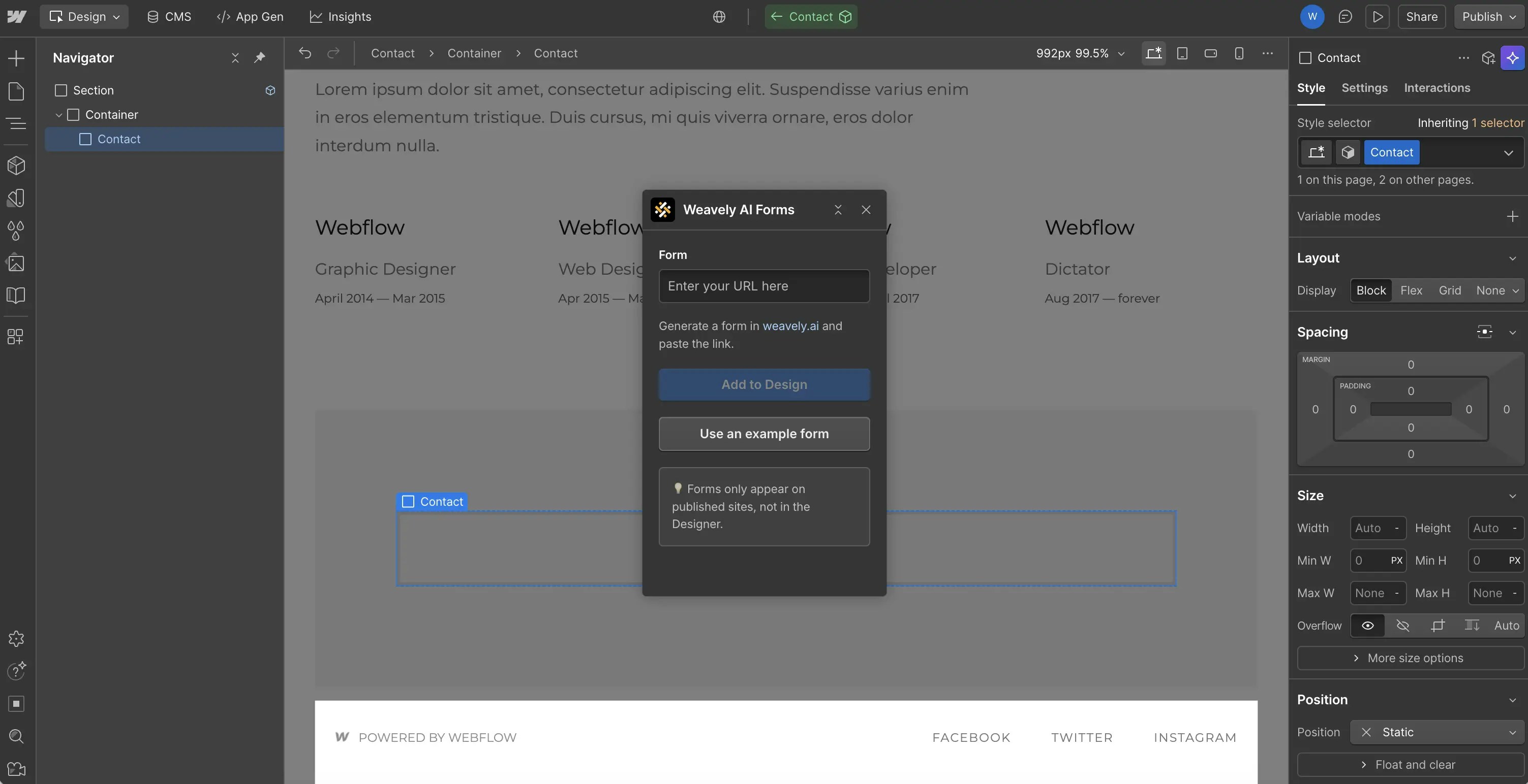 Screenshot showing the Weavely AI Forms app before injecting a form in Webflow