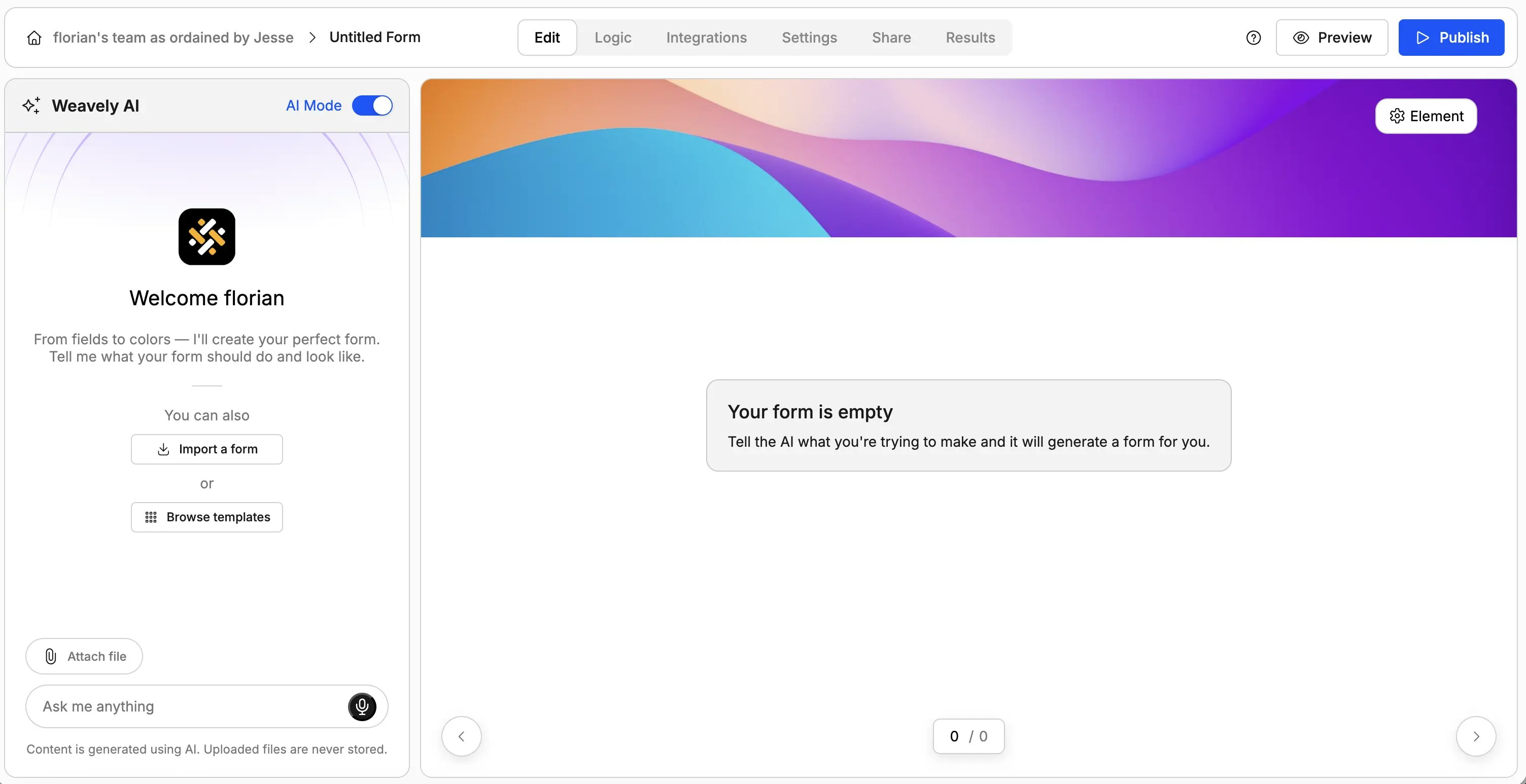 Screenshot showing the Weavely AI Form editor