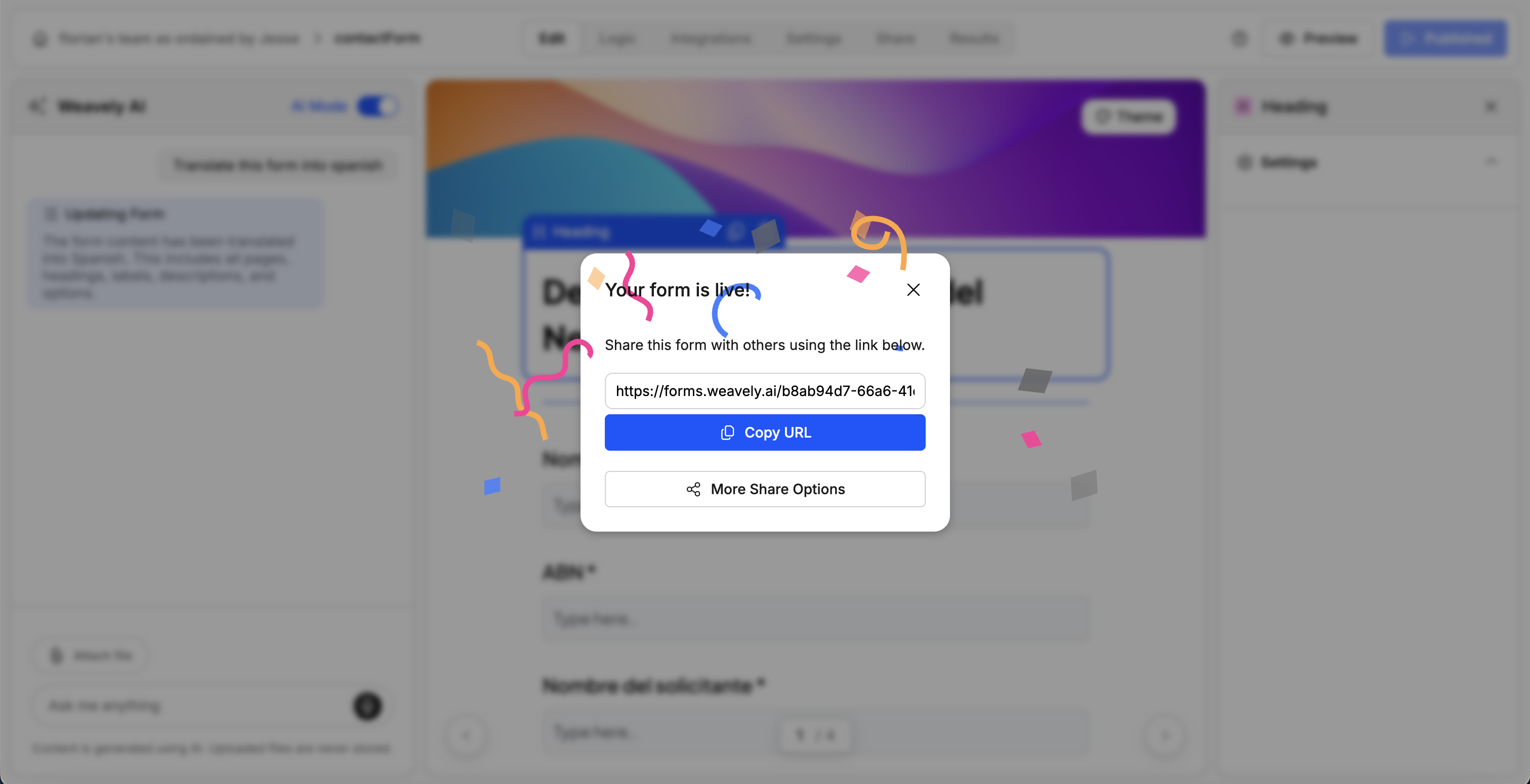 Screenshot showing the screen after you publish a form in Weavely AI