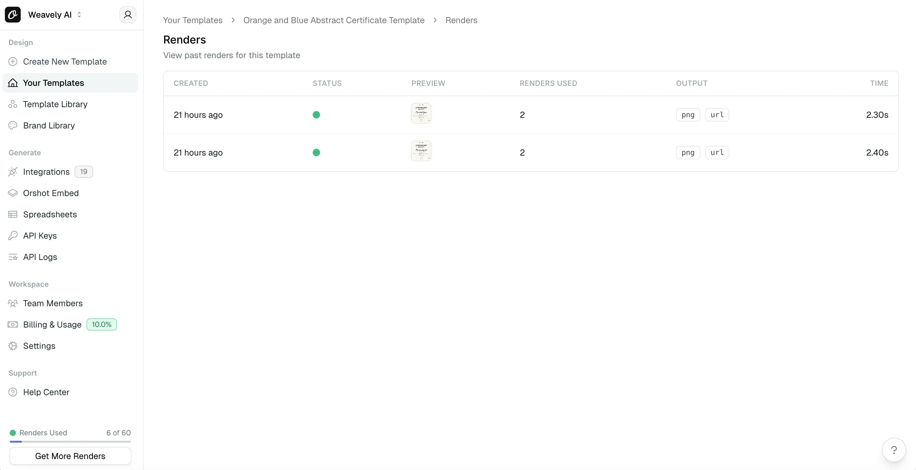 Screenshot showing where to find renders in Orshot