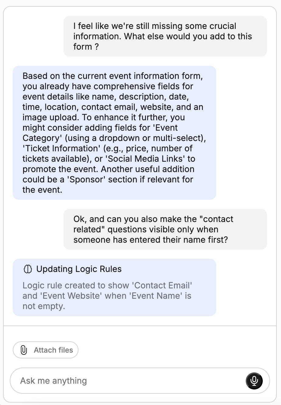 Tweaking a Form in Weavely AI Screenshot showing a conversation between a user and Weavely AI tweaking a form's content and adding conditional logic