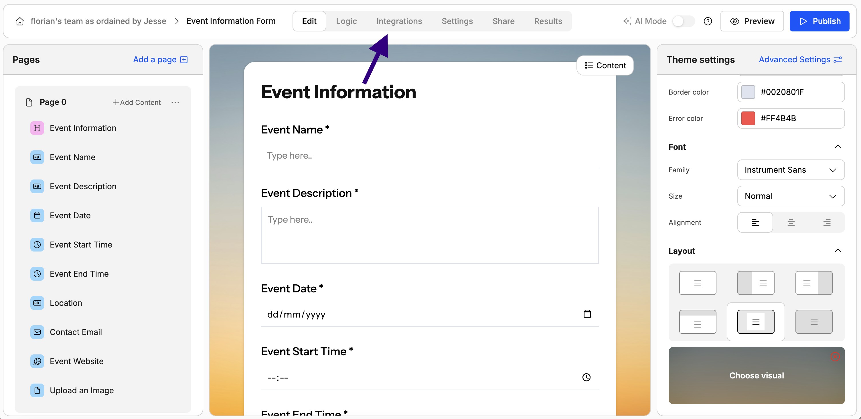 Screenshot showing where to find the integration tab in Weavely AI Forms