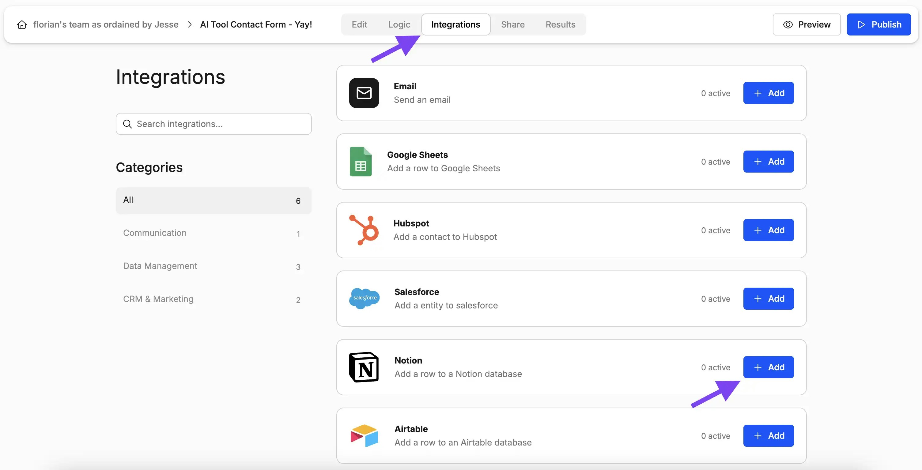 Screenshot showing where to find the Notion integration in Weavely AI
