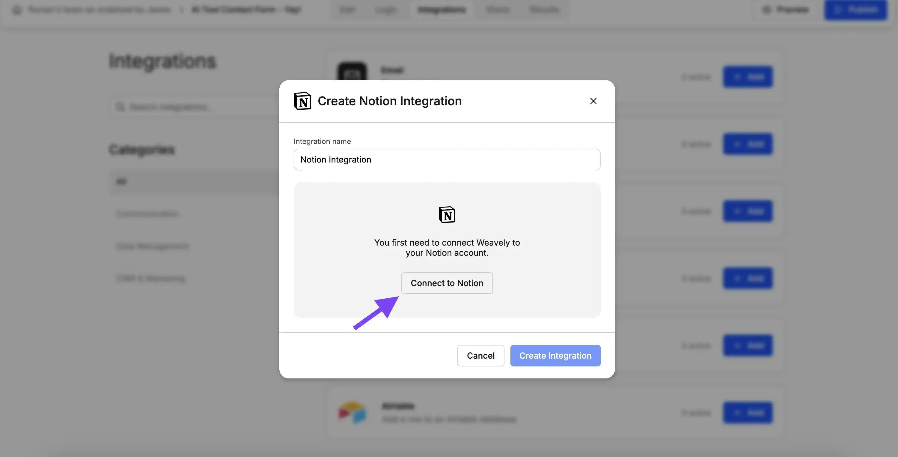 Screenshot showing how to connect Notion to Weavely AI