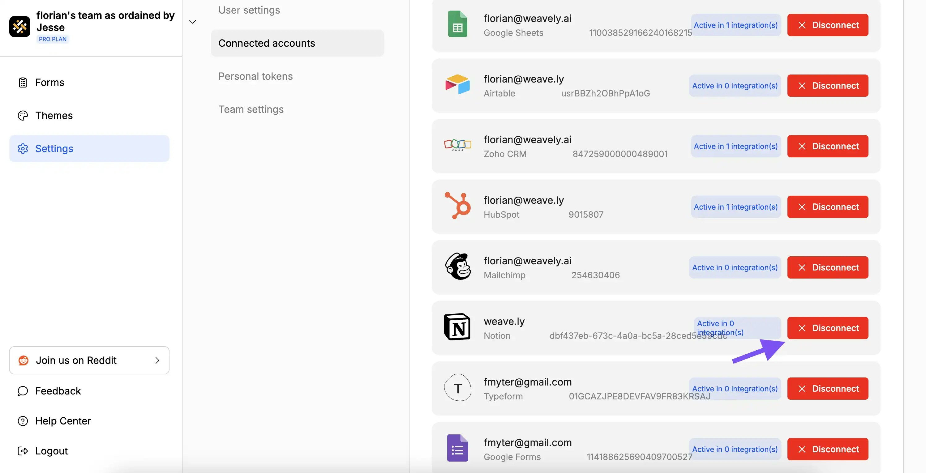 Screenshot showing how to disconnect Notion from Weavely AI