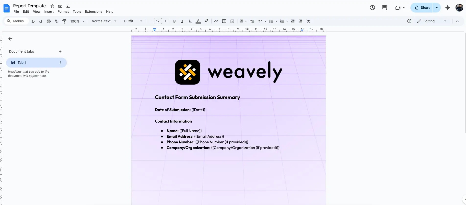 Screenshot of an example pdf report which will be populated with form responses from Weavely AI