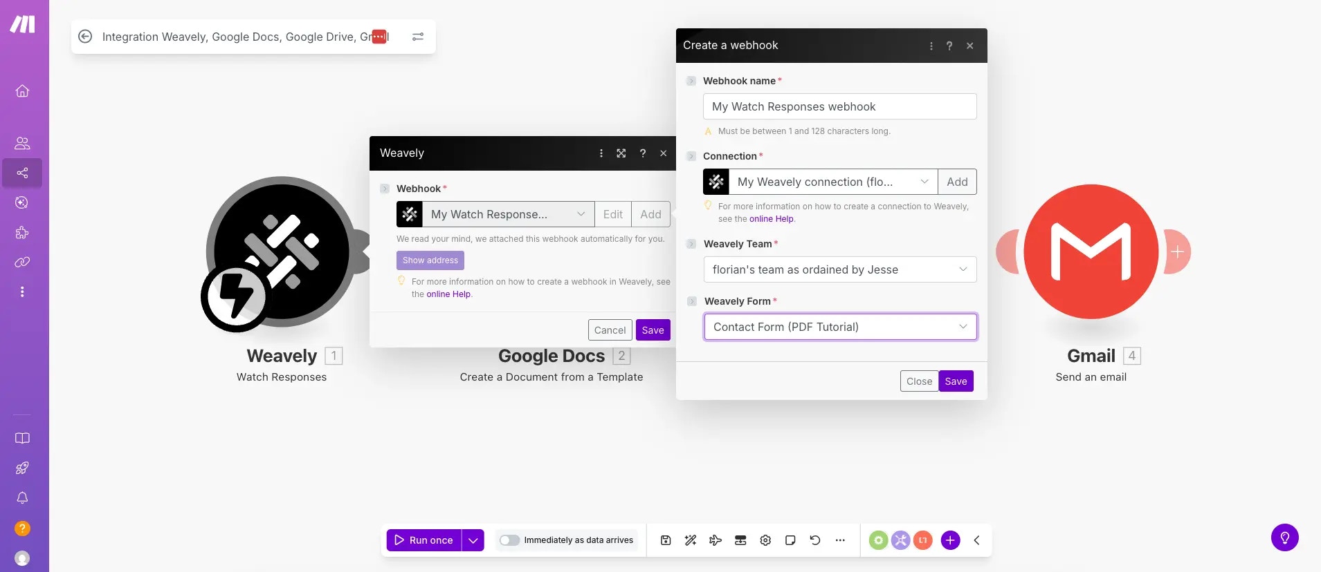 Screenshot of setting up Weavely AI in make.com