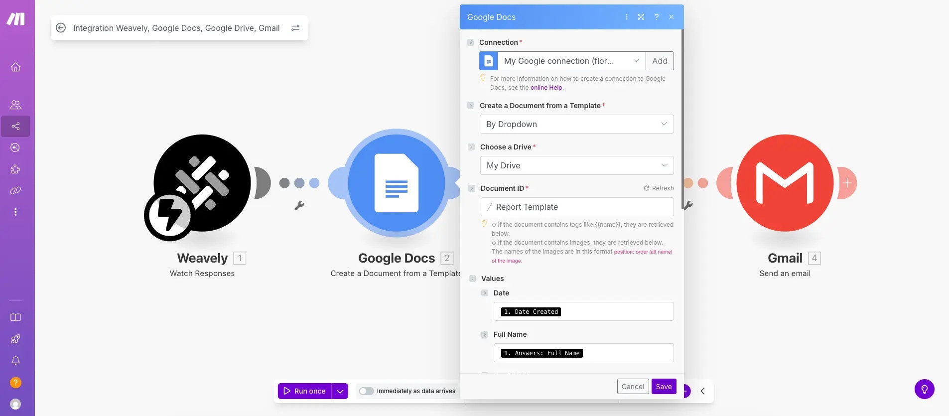 Screenshot of setting up a word document template in make.com