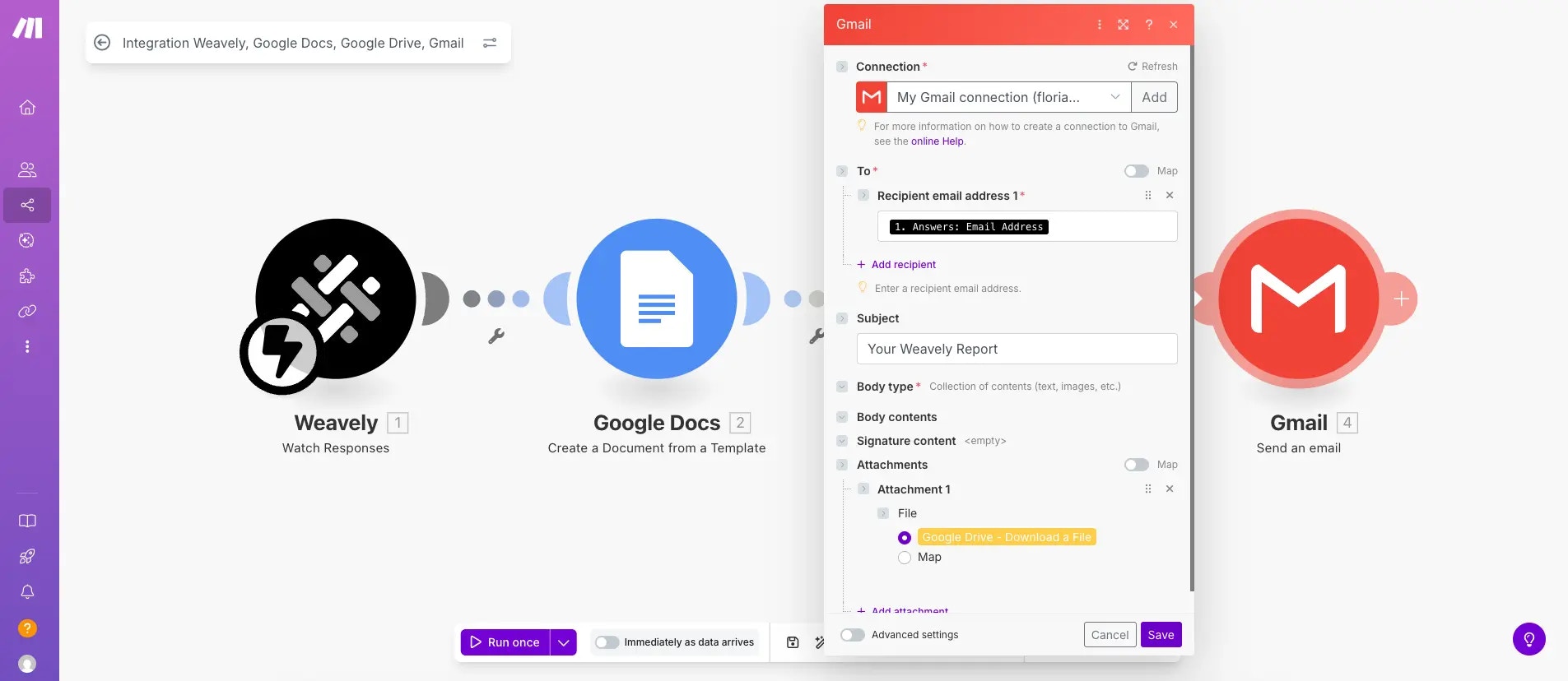 Screenshot showing how to send an email with make.com