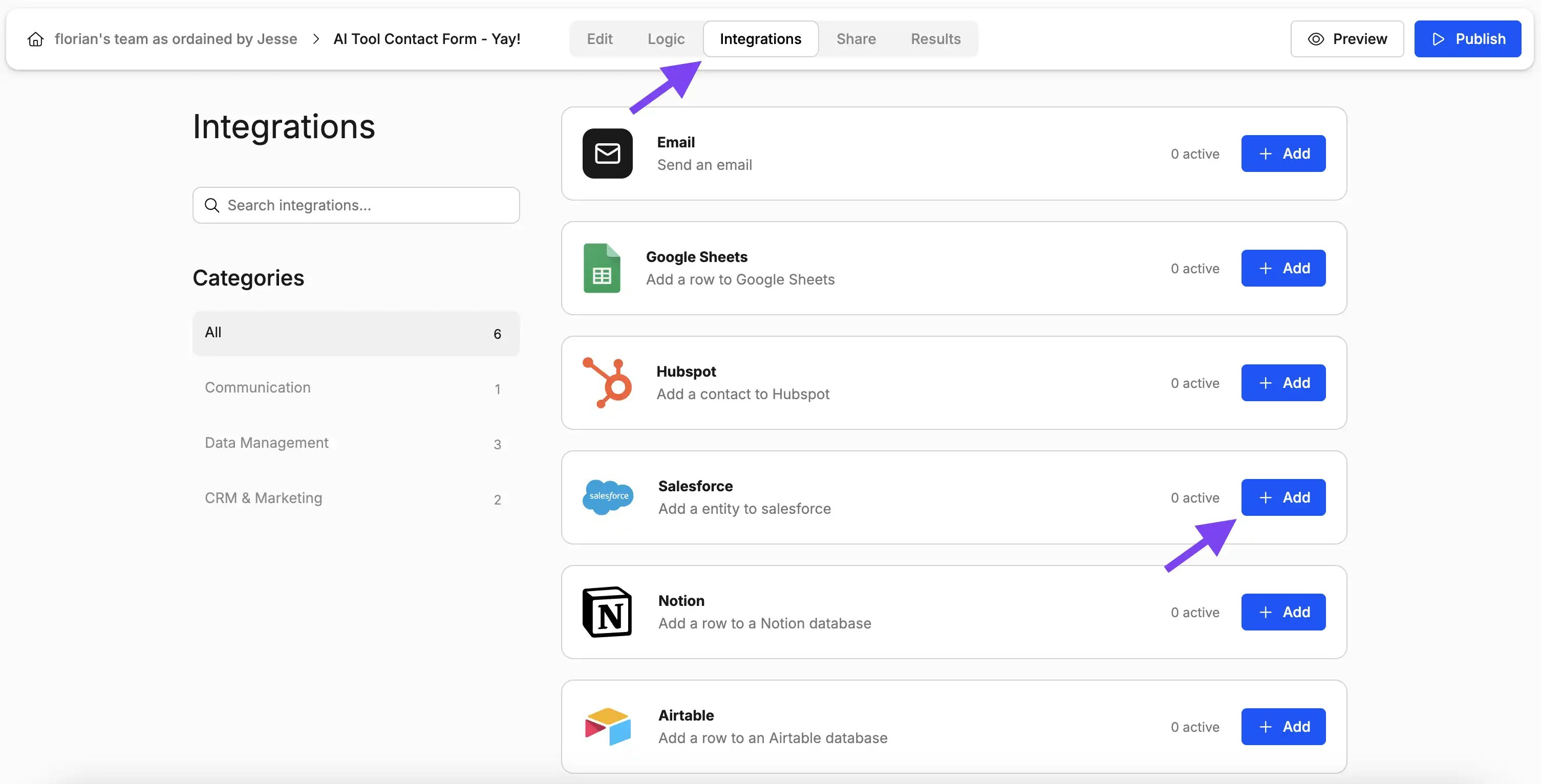 Screenshot showing where to find the Salesforce integration in Weavely AI