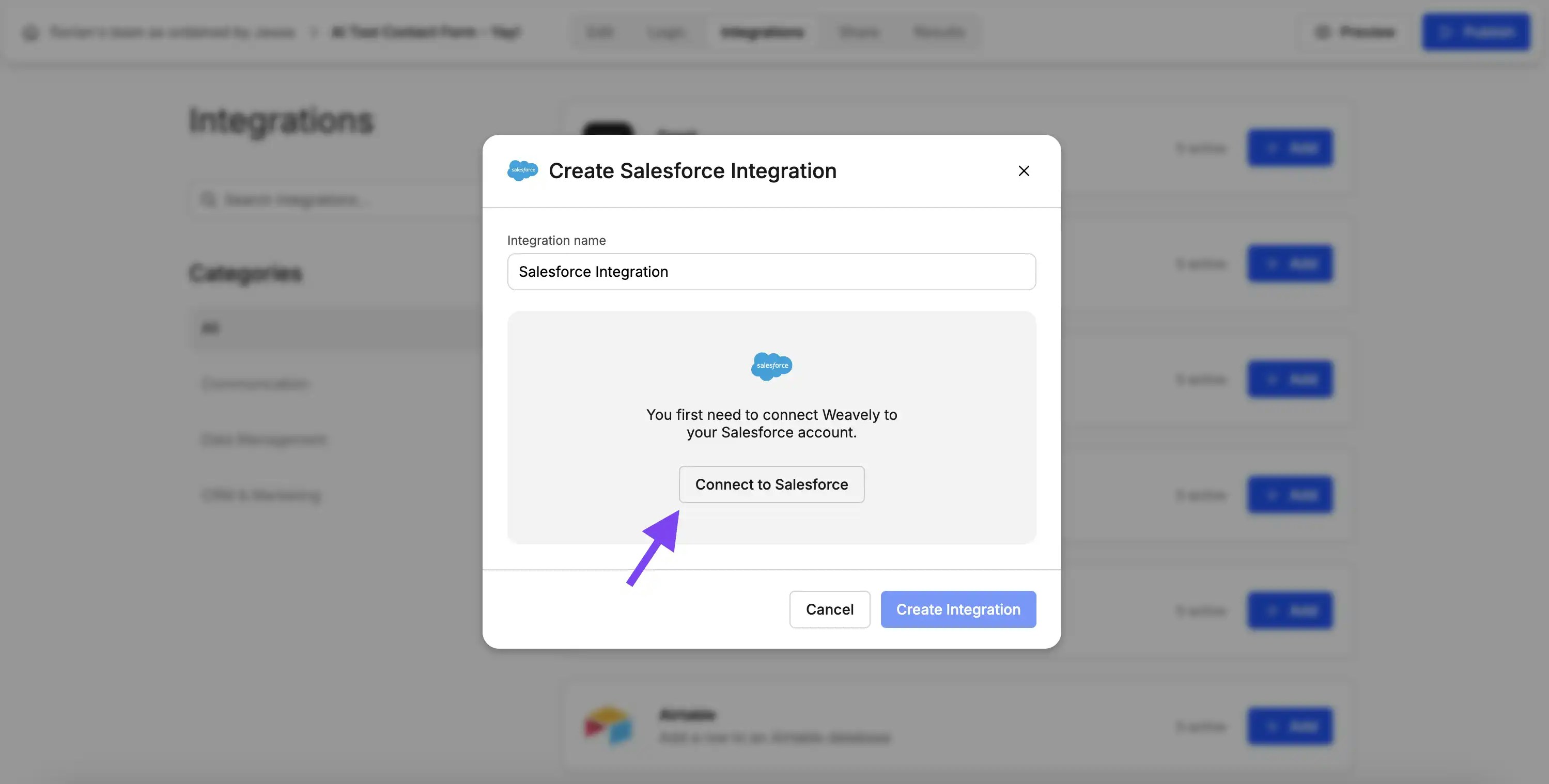 Screenshot showing how to connect Salesforce to Weavely AI