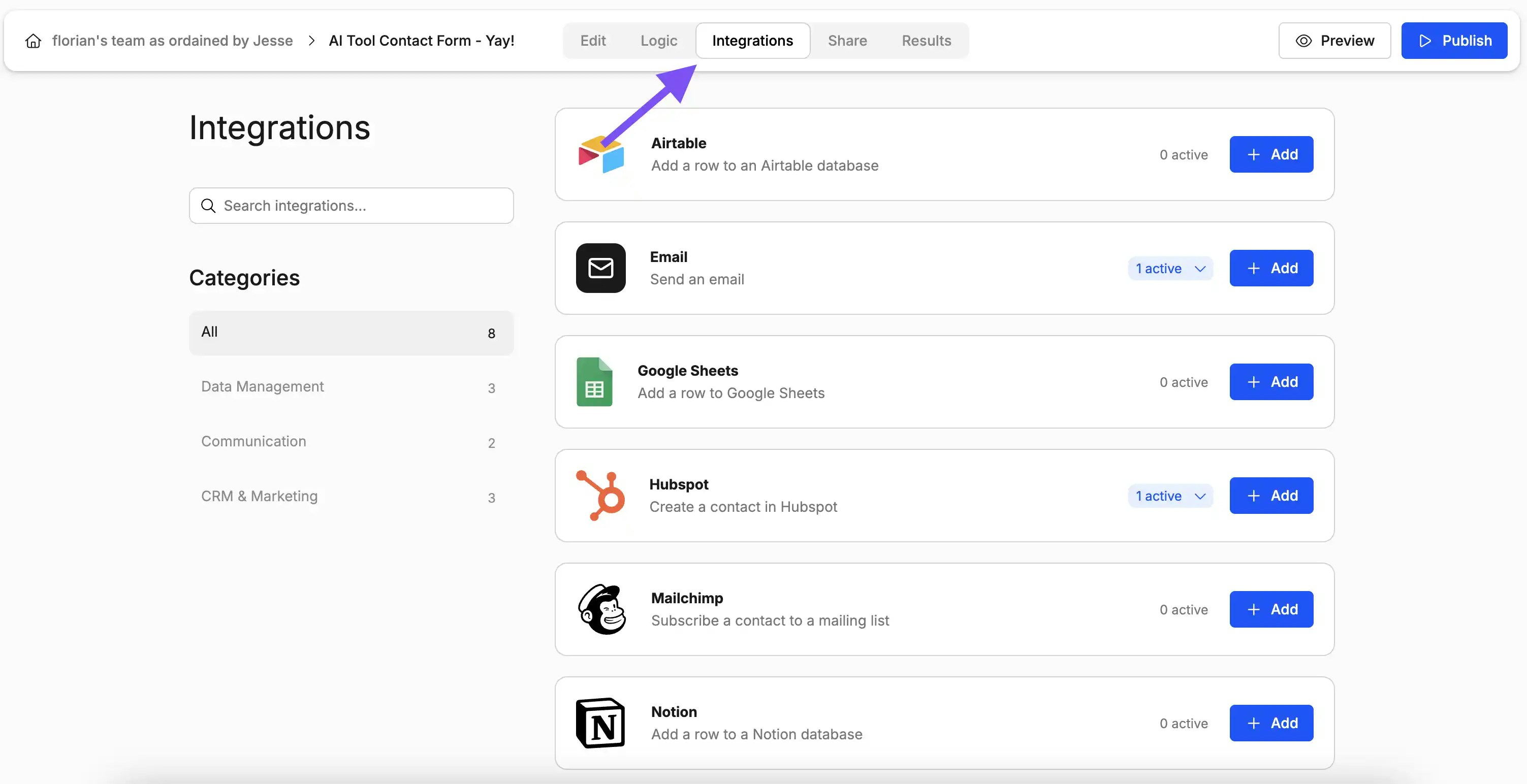 Screenshot showing where to find the integrations tab in Weavely AI