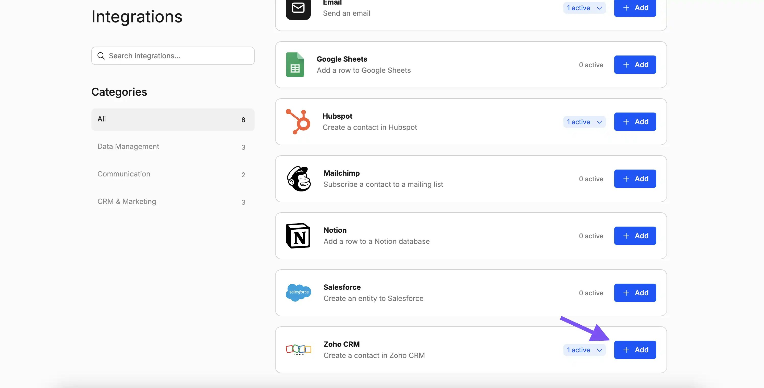 Screenshot showing where to find the Zoho integration in Weavely AI
