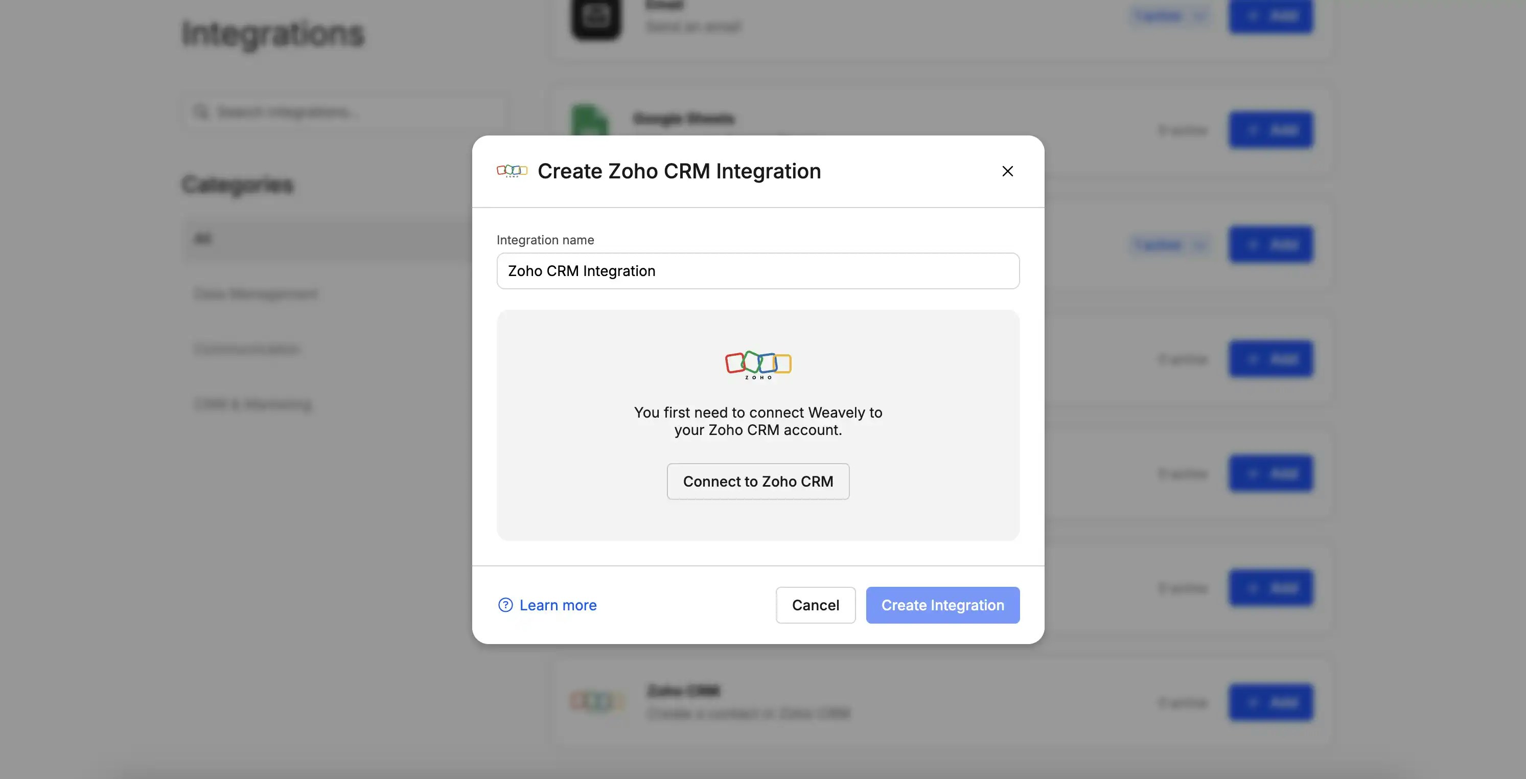 Screenshot showing how to connect Zoho and Weavely AI