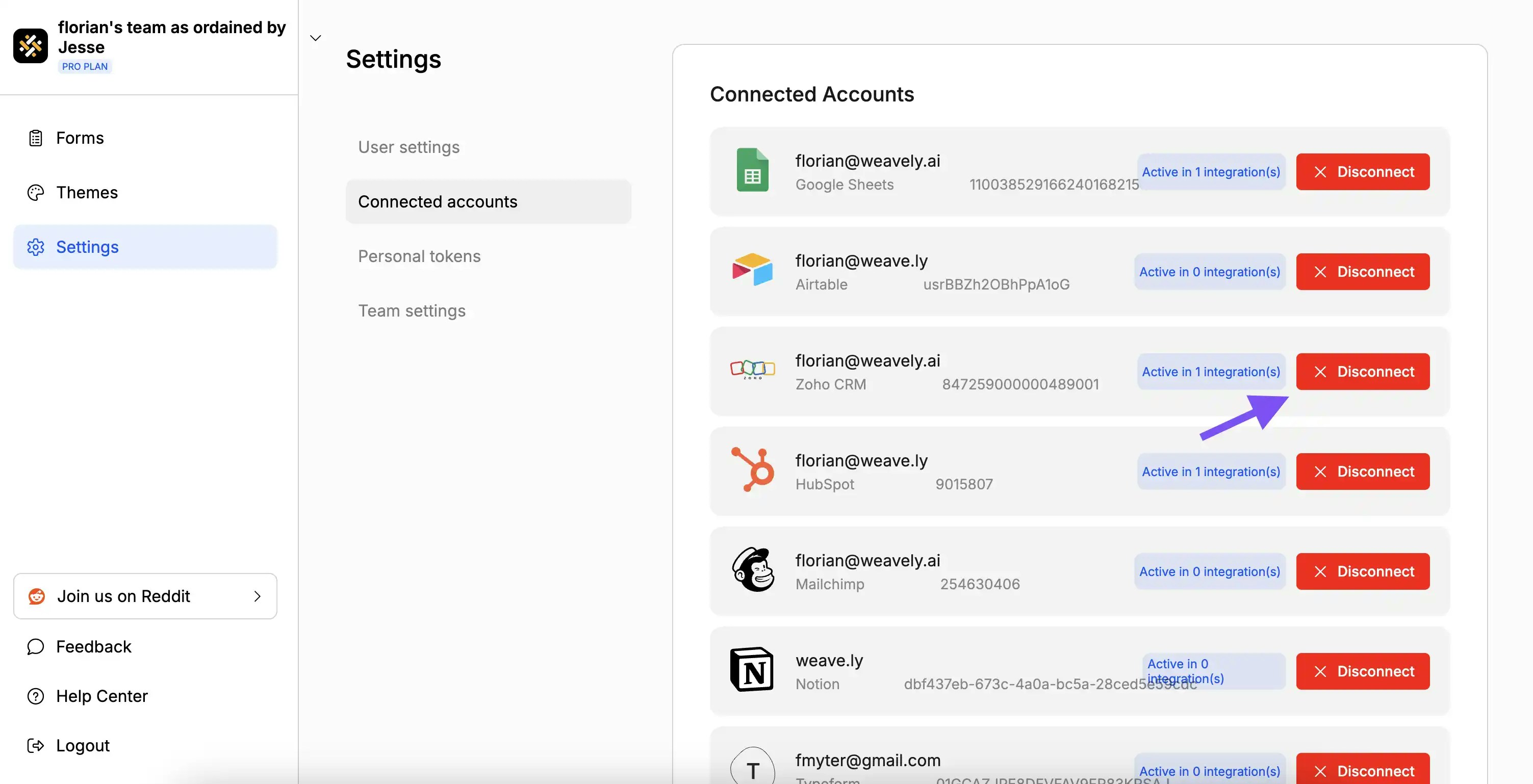 Screenshot showing how to disconnect Zoho from Weavely AI