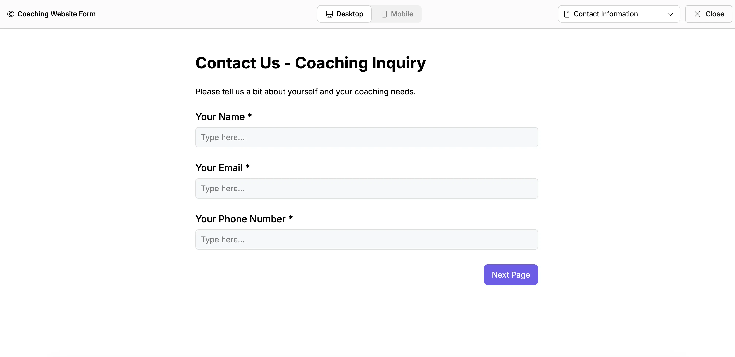 Screenshot showing a contact form generated by Weavely AI.