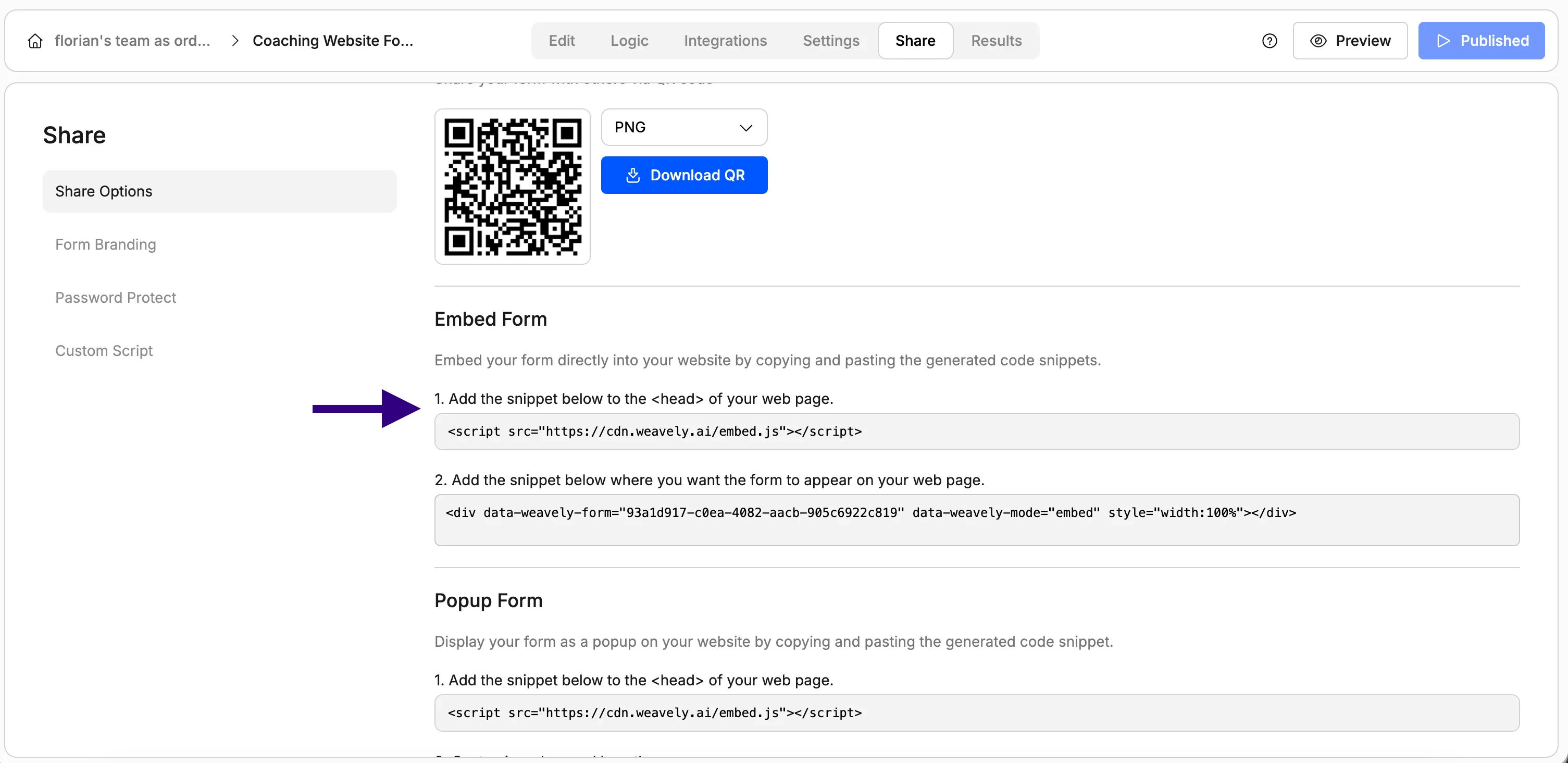 Screenshot showing where the find the embed code in Weavely AI.