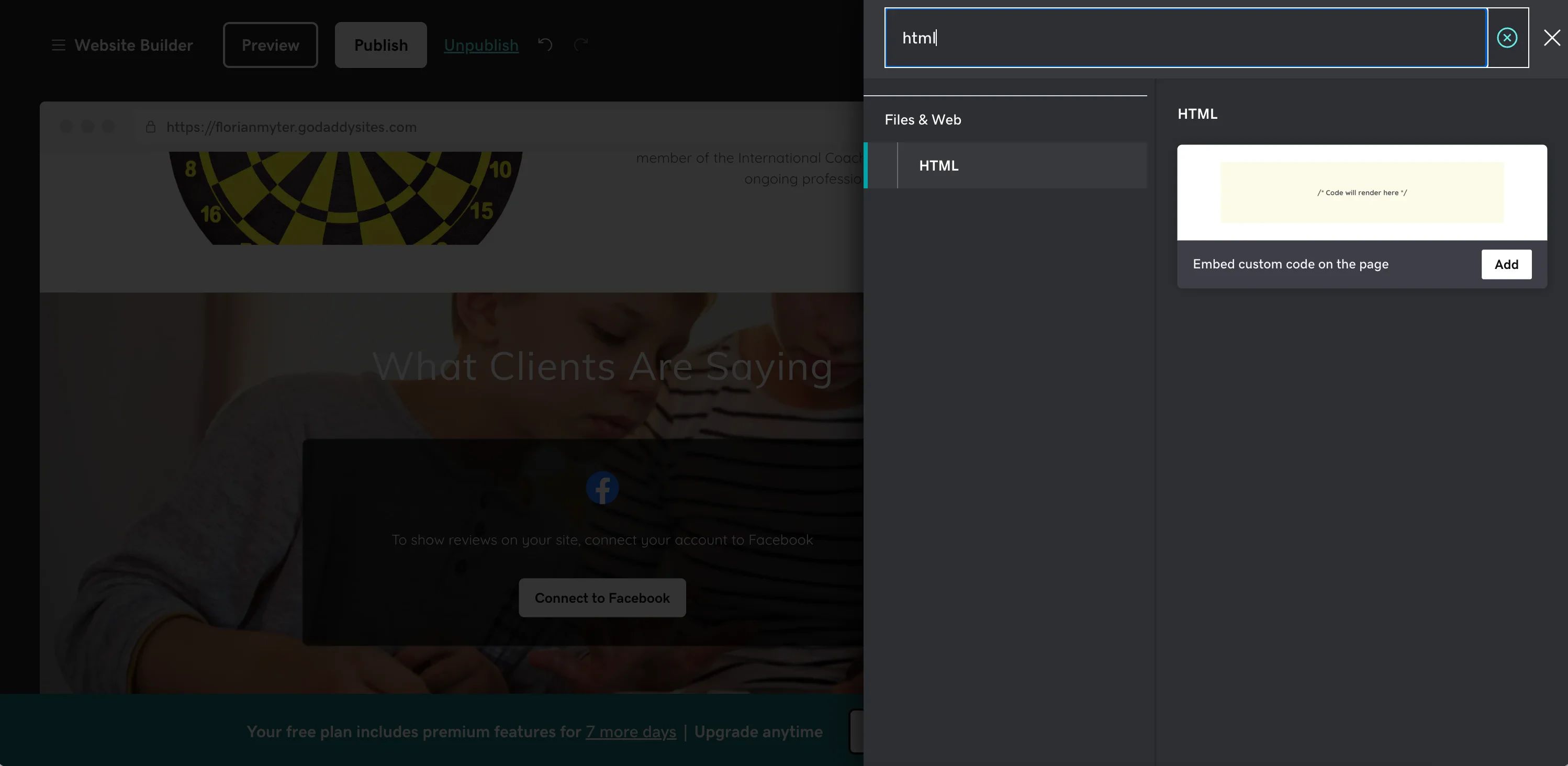 Screenshot showing the addition of an HTML element to embed a contact form in GoDaddy.