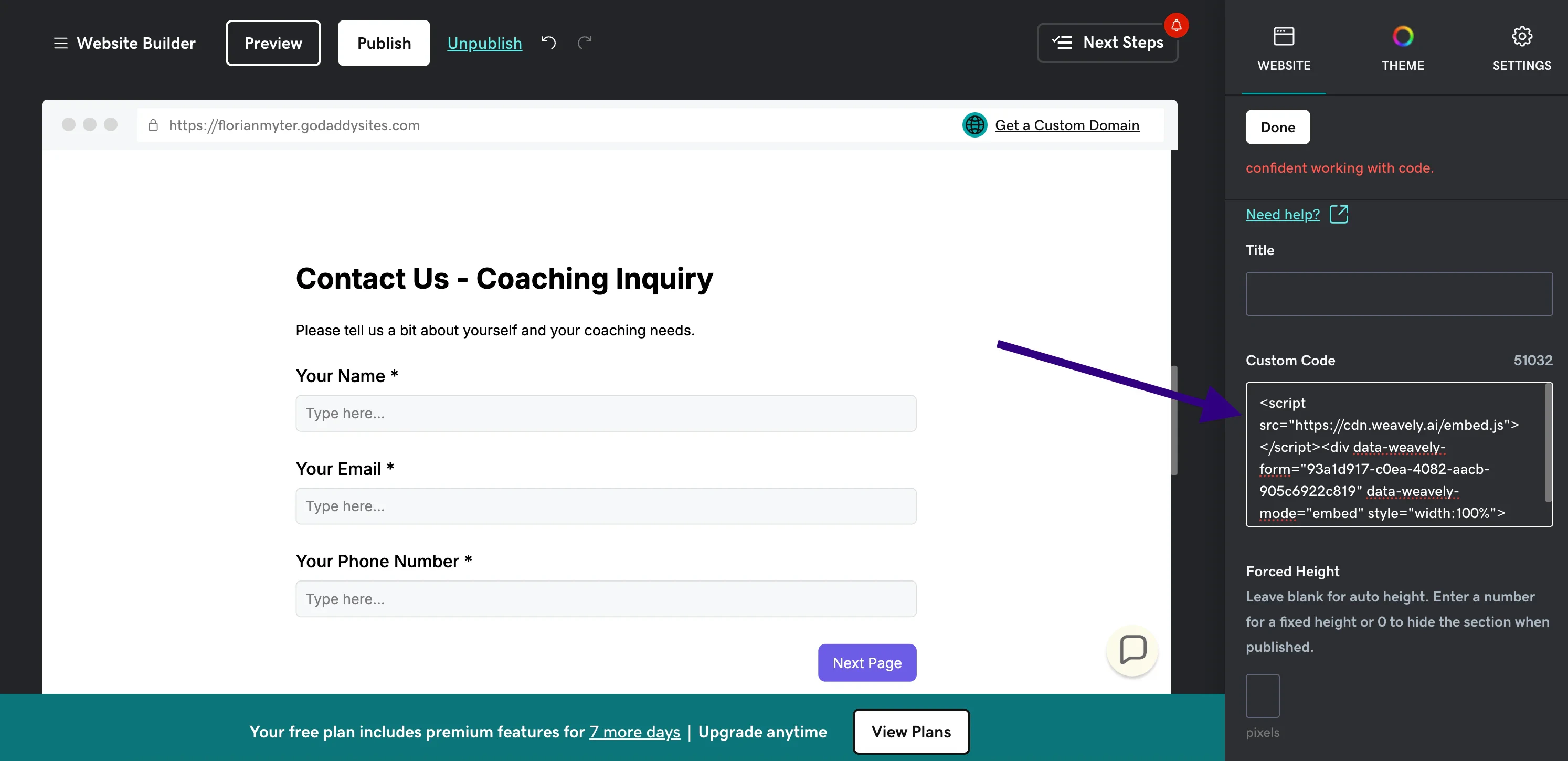 Screenshot showing where to add the Weavely AI embed code to embed a contact form in GoDaddy.