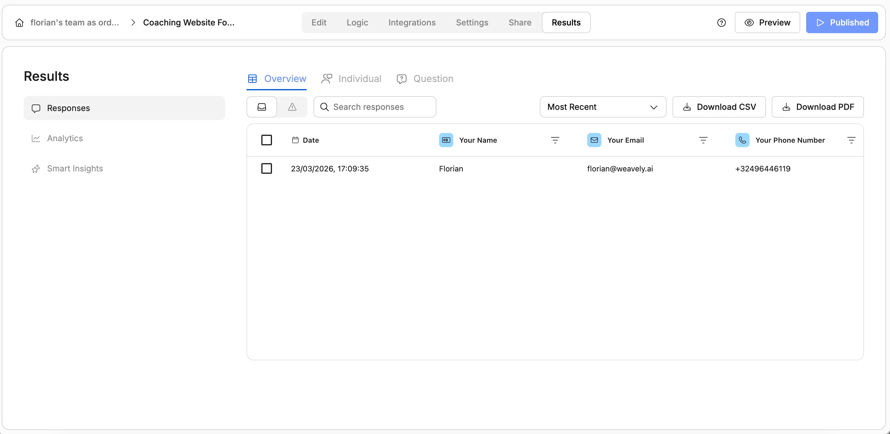 Screenshot showing responses to a contact form in Weavely AI.