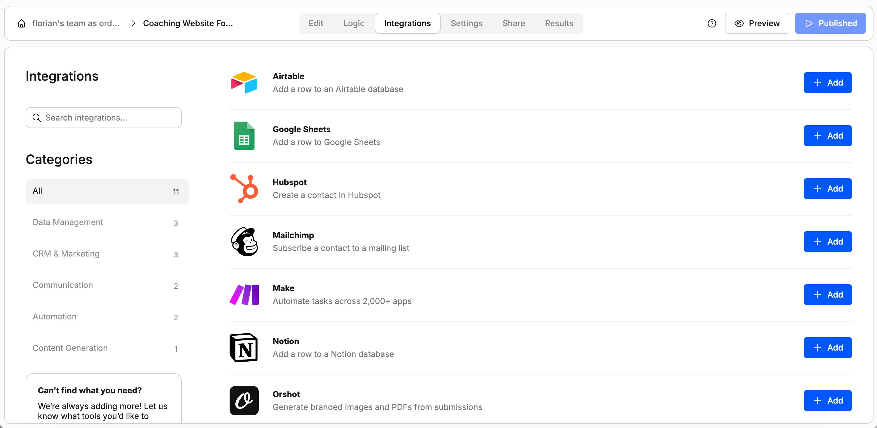 Screenshot showing the integrations list in Weavely AI.