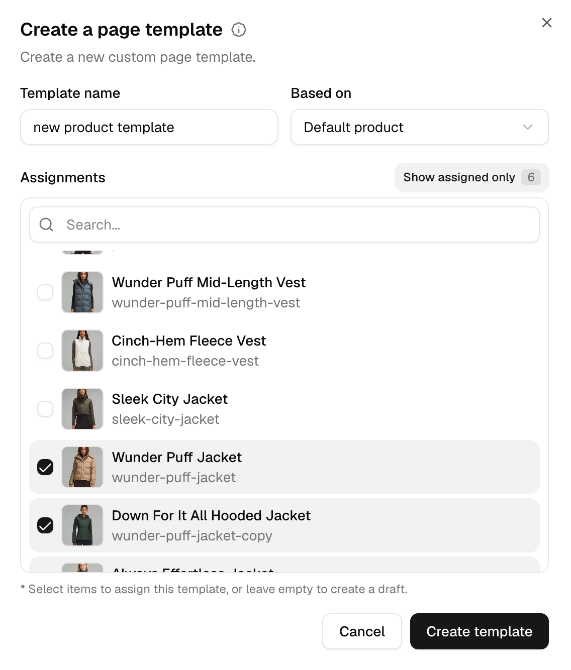 Create page template dialog with product assignments