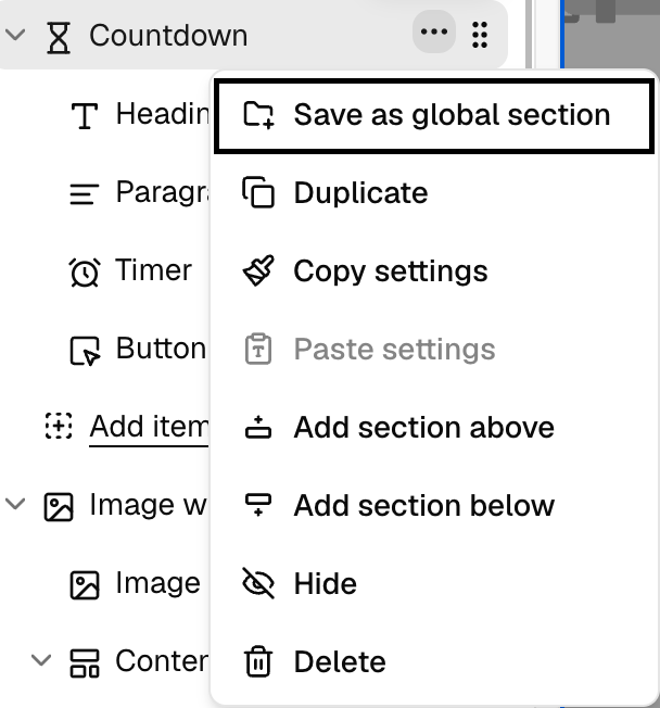 Save as global section option in the section menu