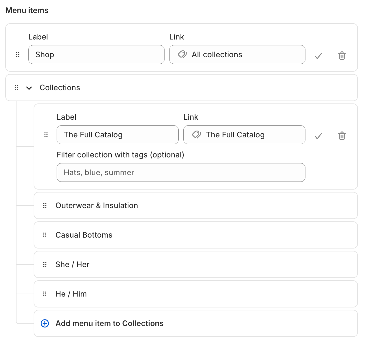 Dropdown menu with nested collection links