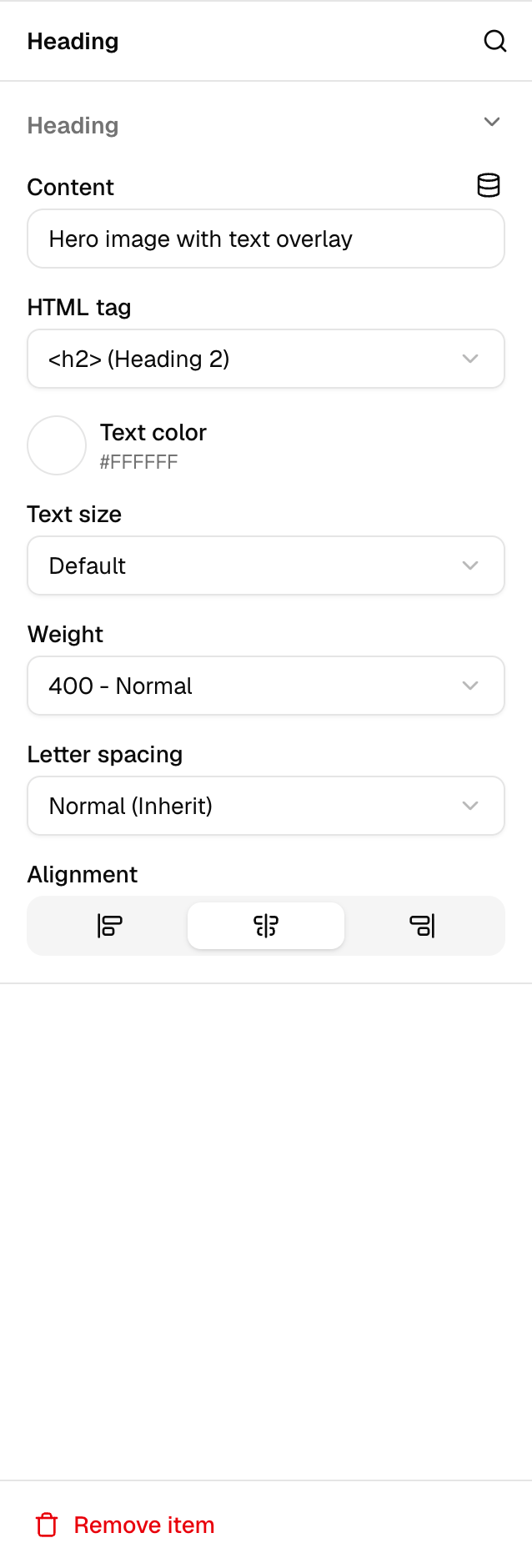 Heading settings in the Weaverse Studio Inspector
