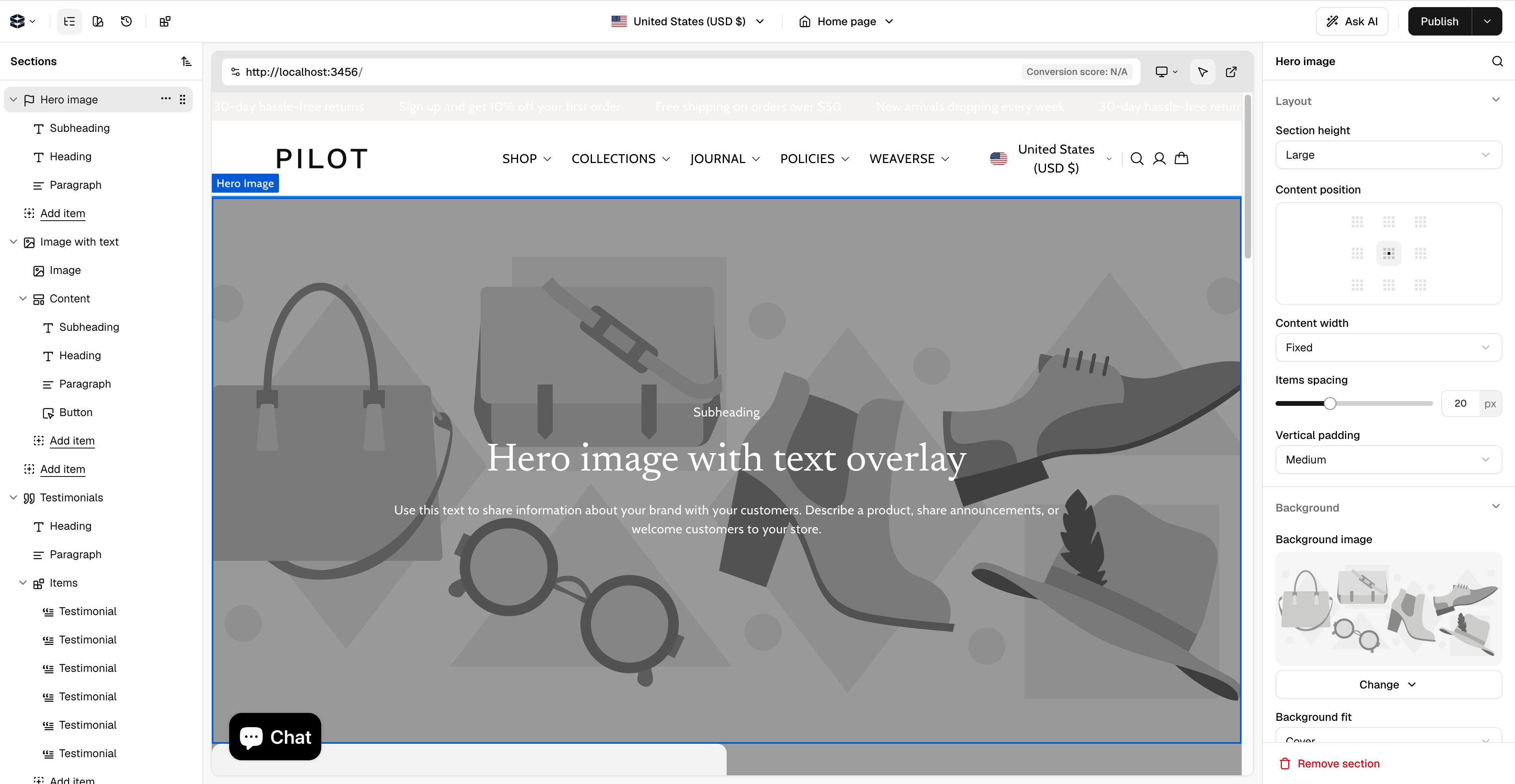 Weaverse Studio interface with page outline, storefront preview, and section settings