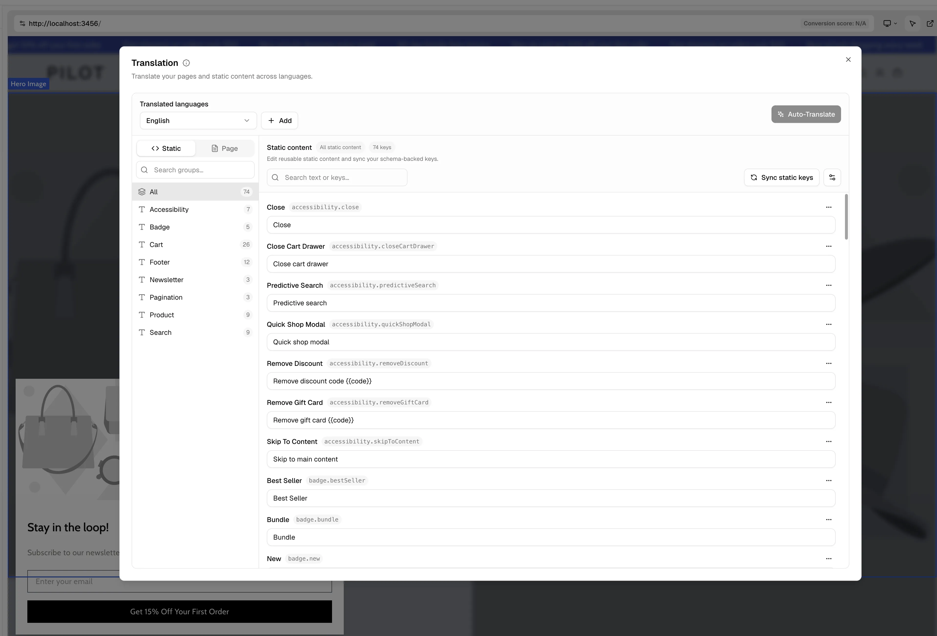 Translation Manager open in Weaverse Studio