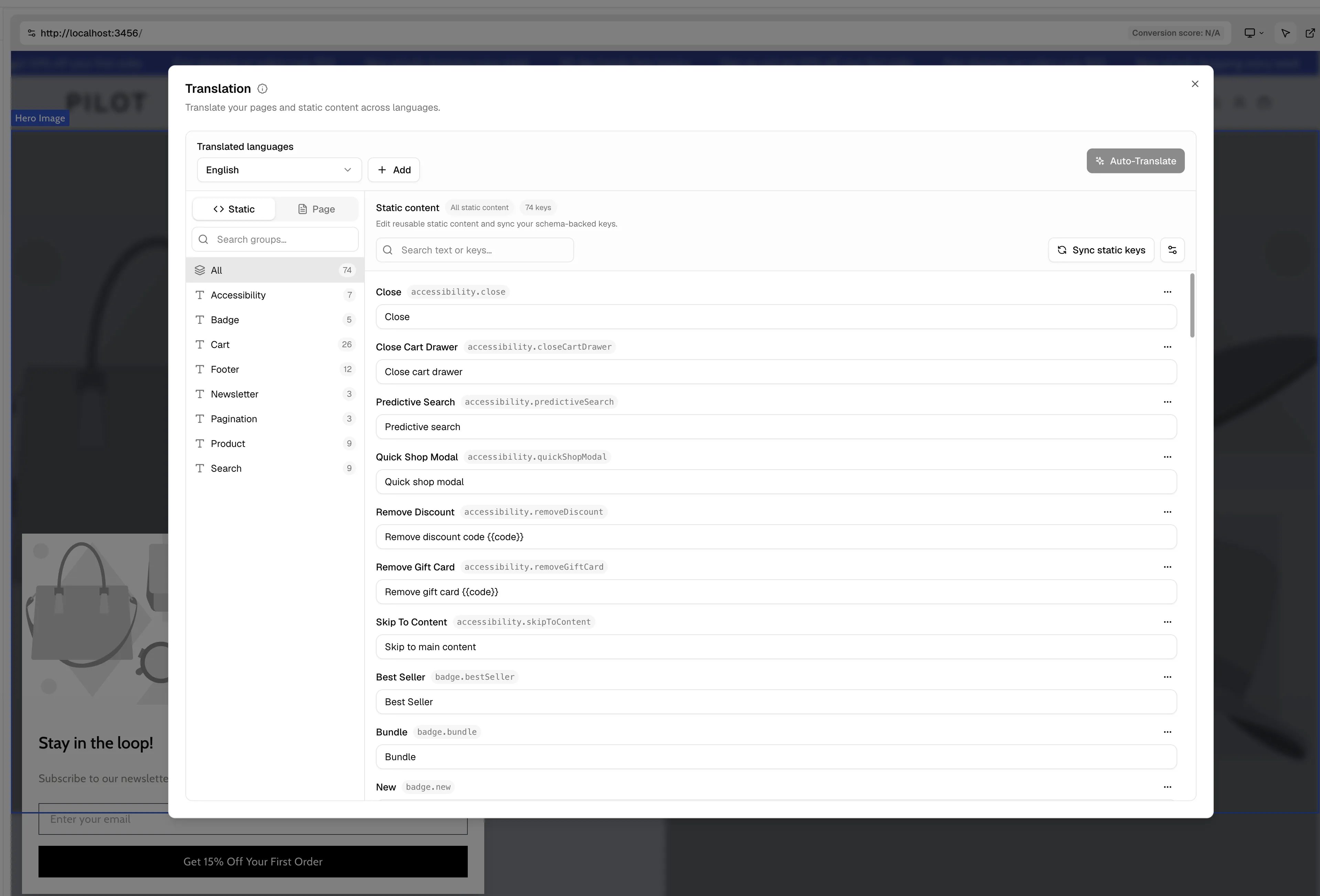 Translation Manager open in Weaverse Studio