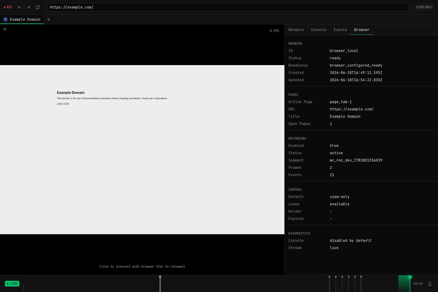 Webcompute Debug UI showing a live managed browser on example.com, recording status, browser readiness, active page metadata, and the event timeline