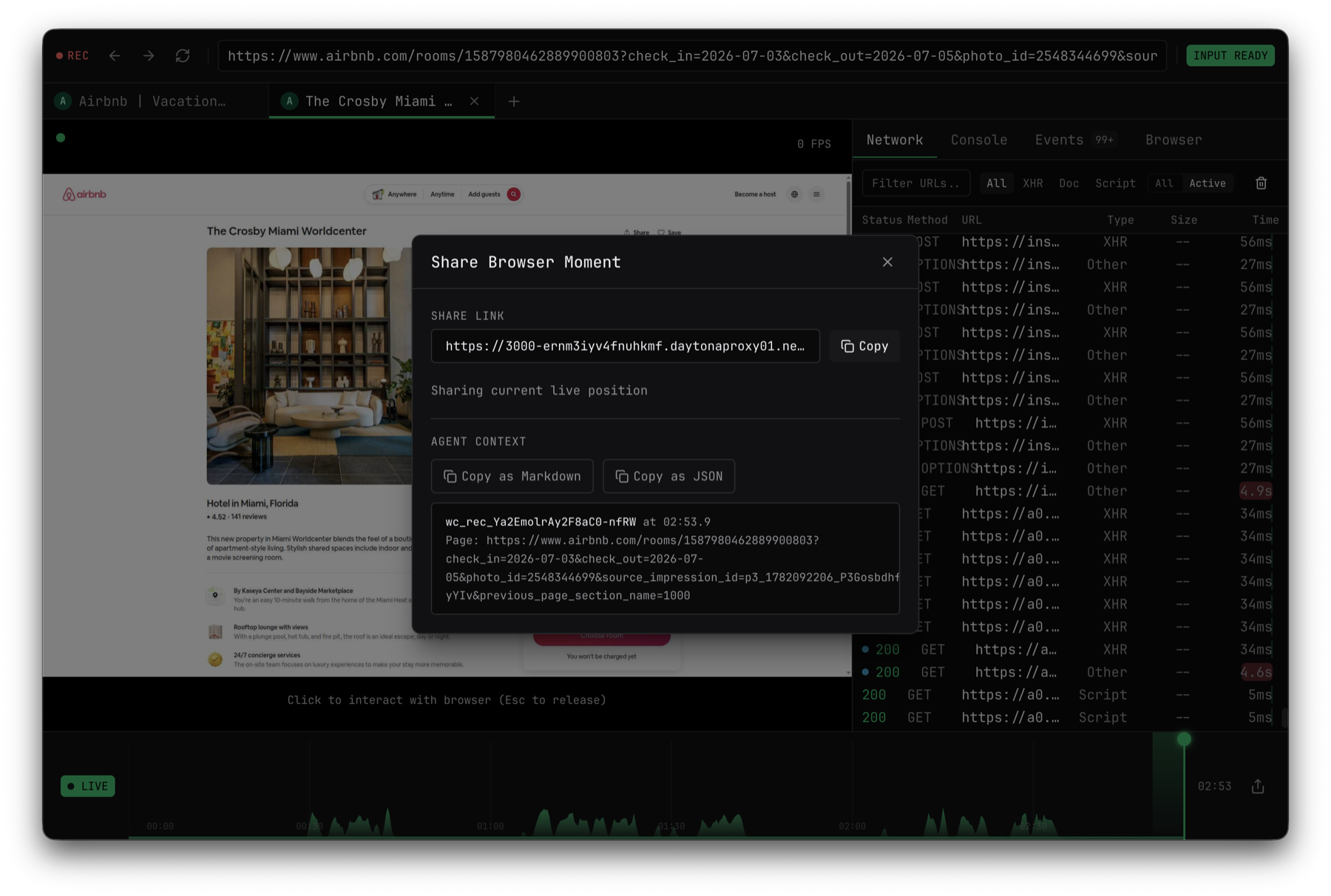 Webcompute Debug UI share sheet for a browser moment with a share link and agent-context export buttons