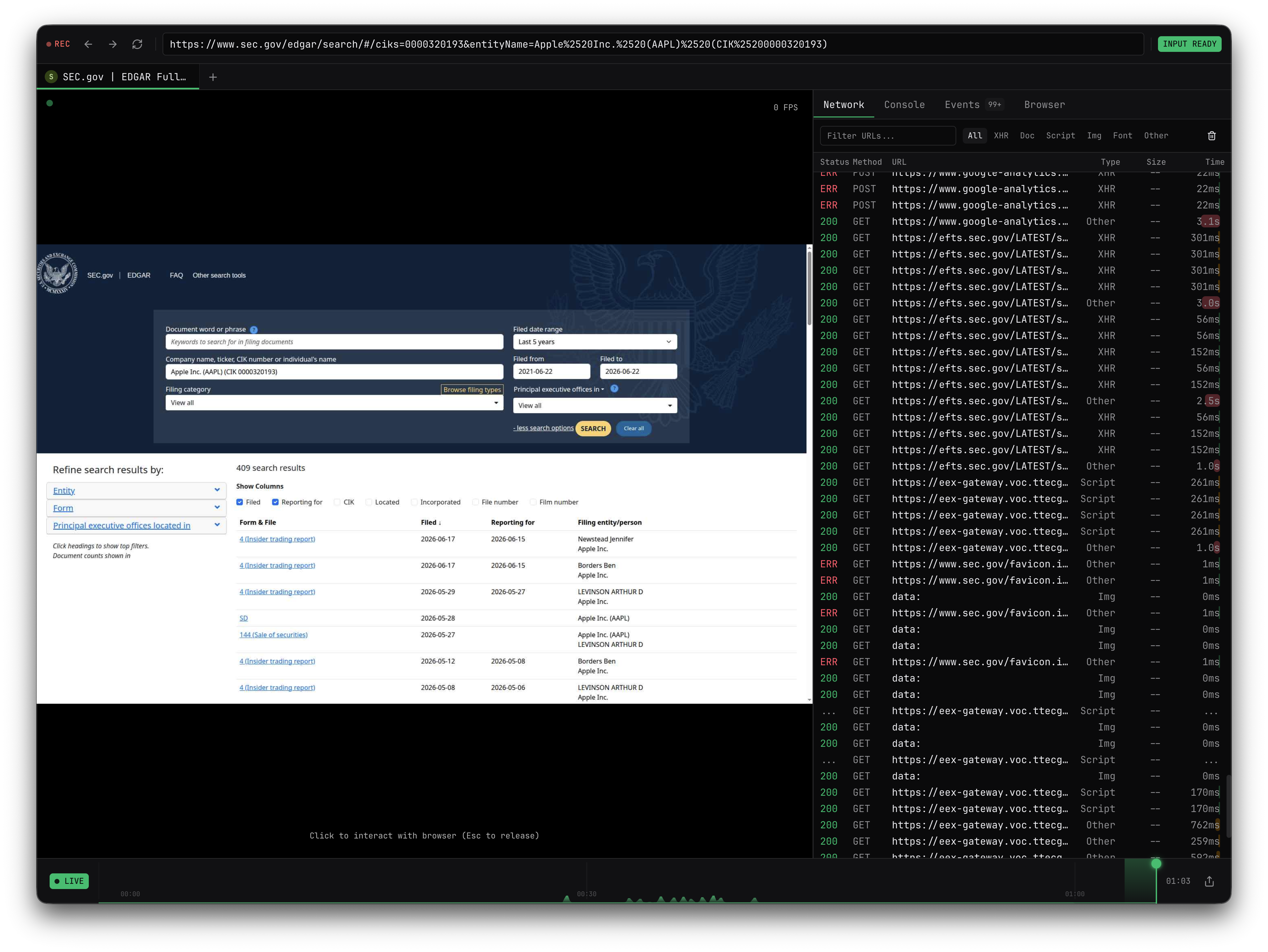Webcompute Debug UI showing the active browser page, recording state, browser status, readiness, and timeline for a managed browser run