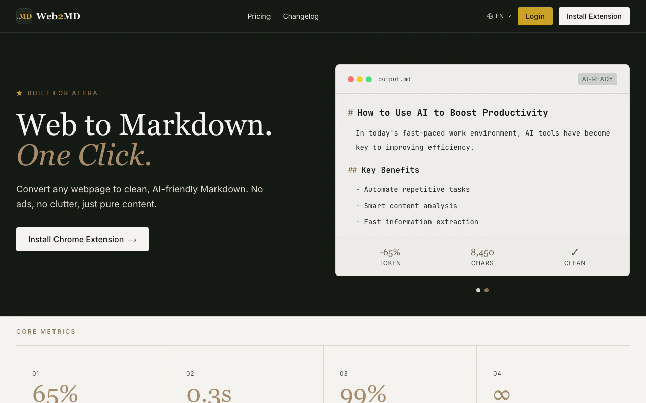 Web2MD homepage — Web to Markdown, One Click