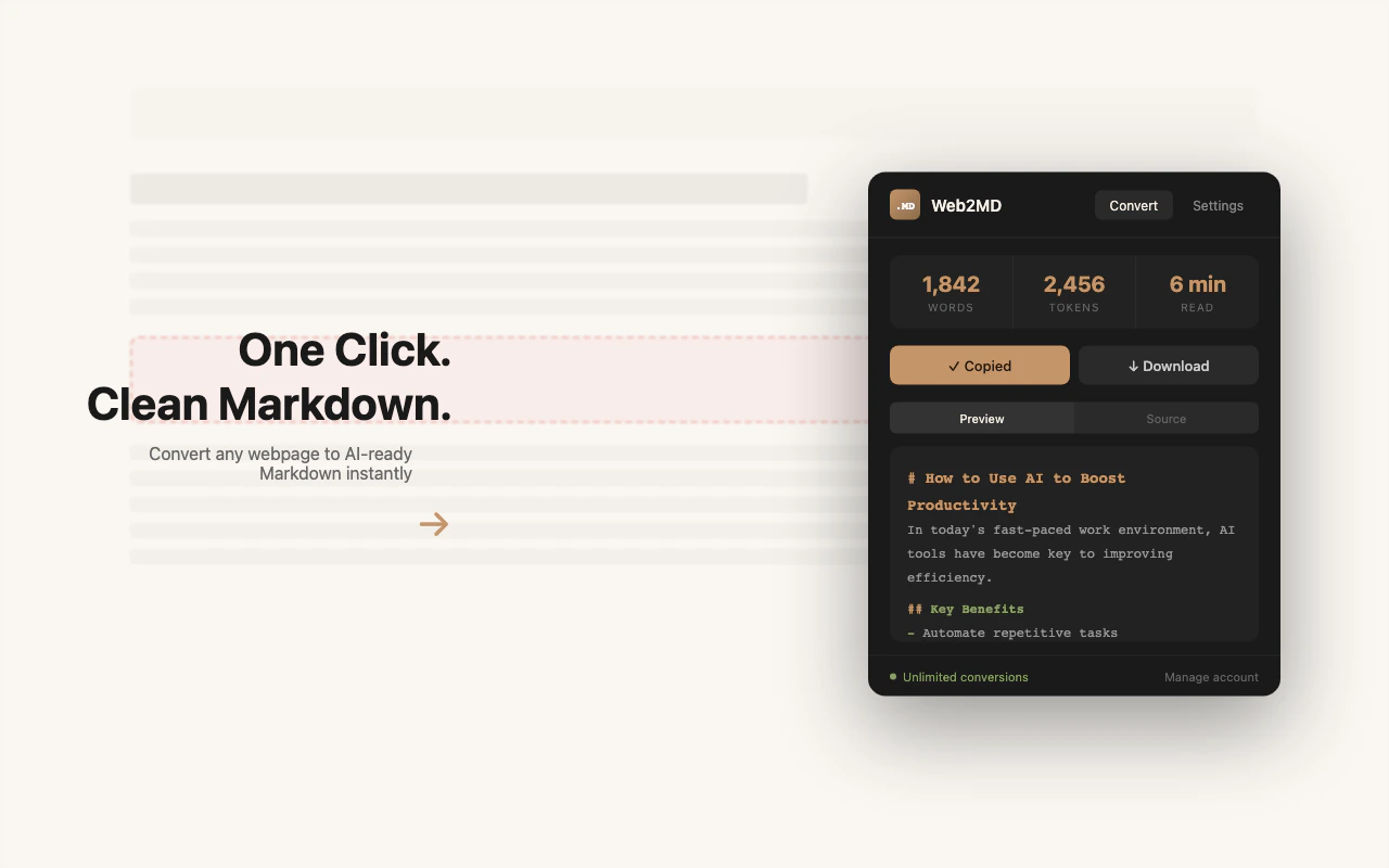 Web2MD popup showing conversion result