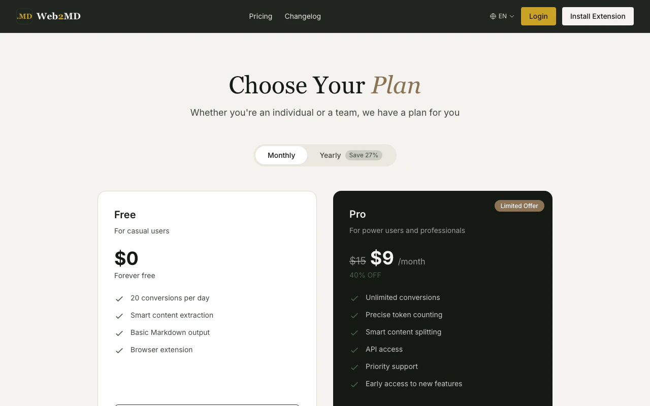 Web2MD pricing page