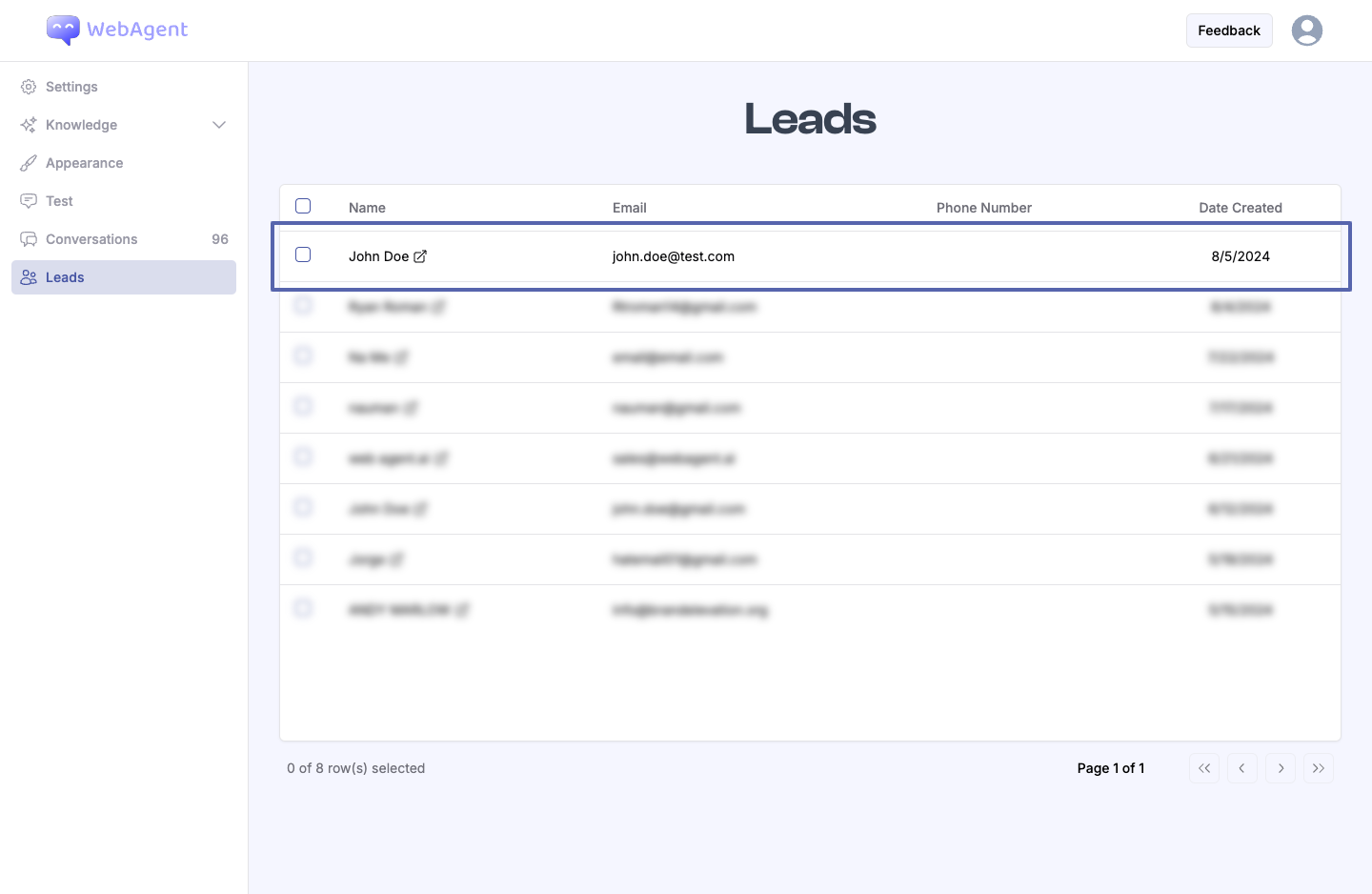Leads list in dashboard
