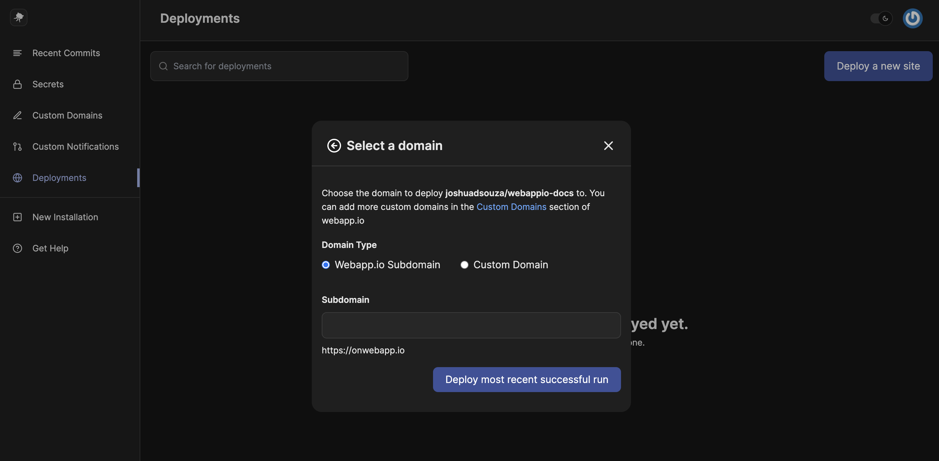 View of the domains when deploying