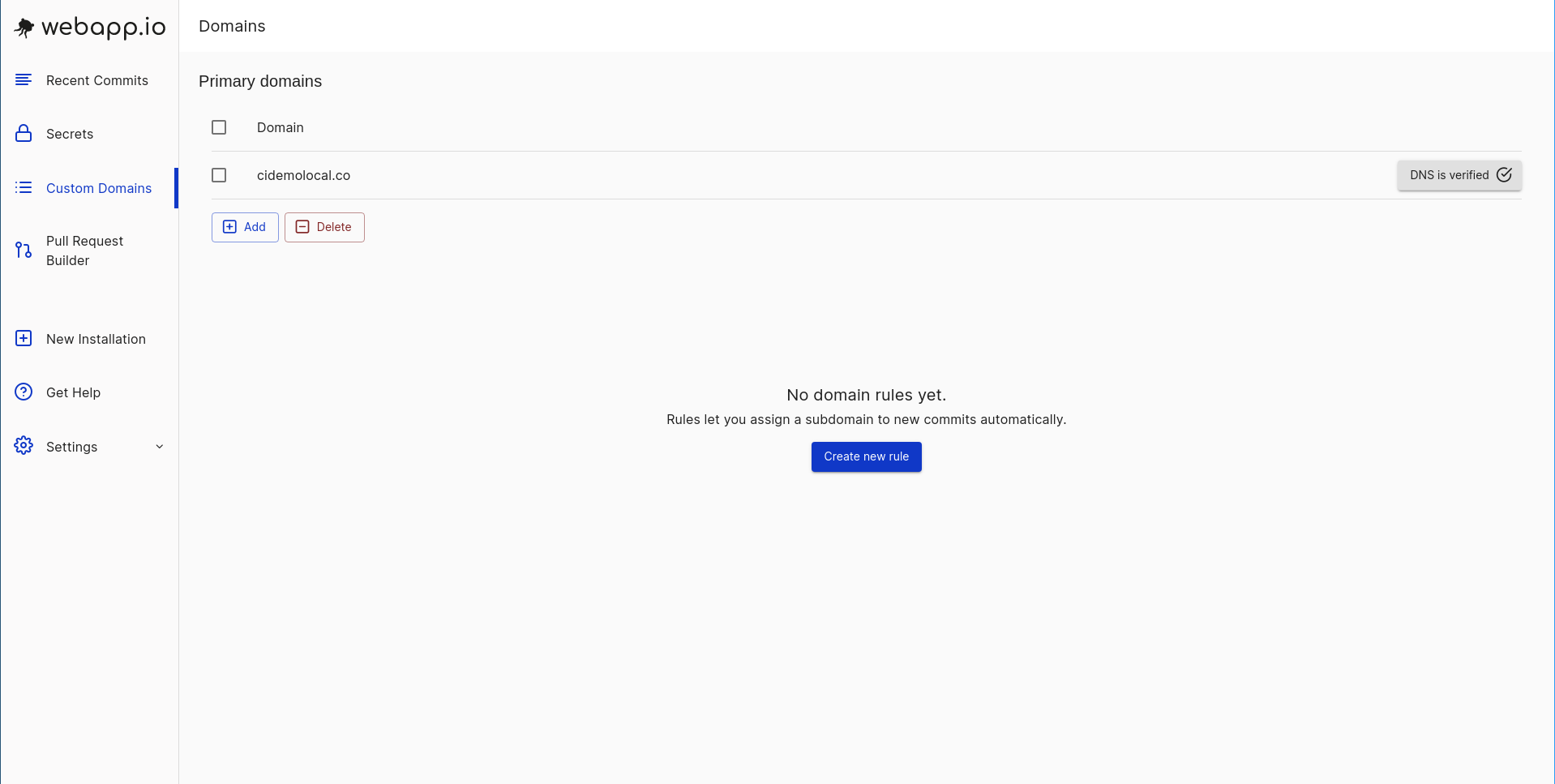 View of organization page after adding example domain