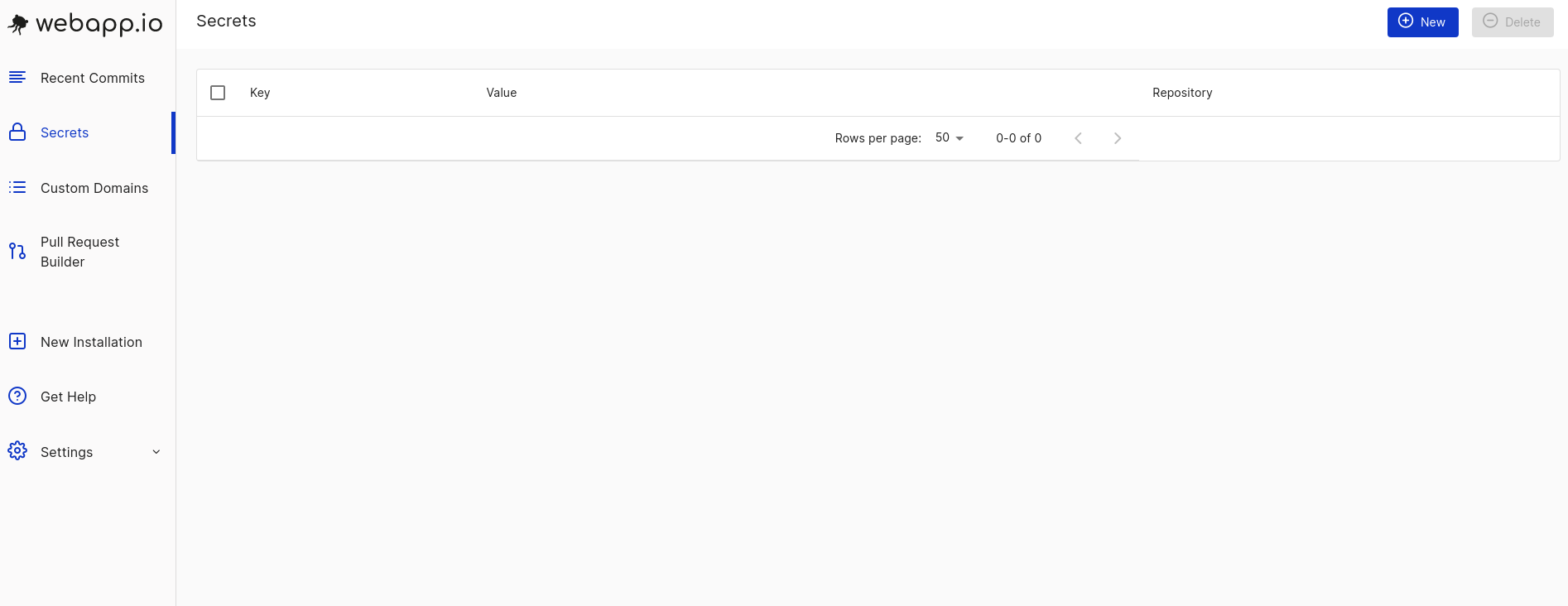 View of secrets page in webapp.io