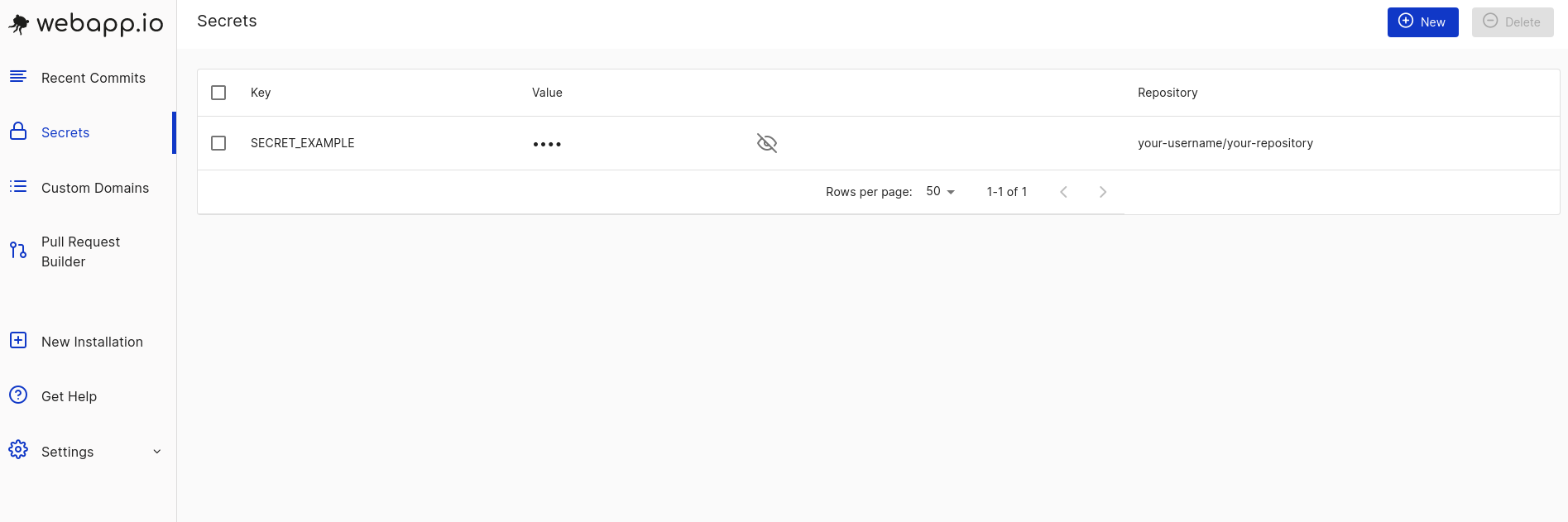 View of created secret in webapp.io