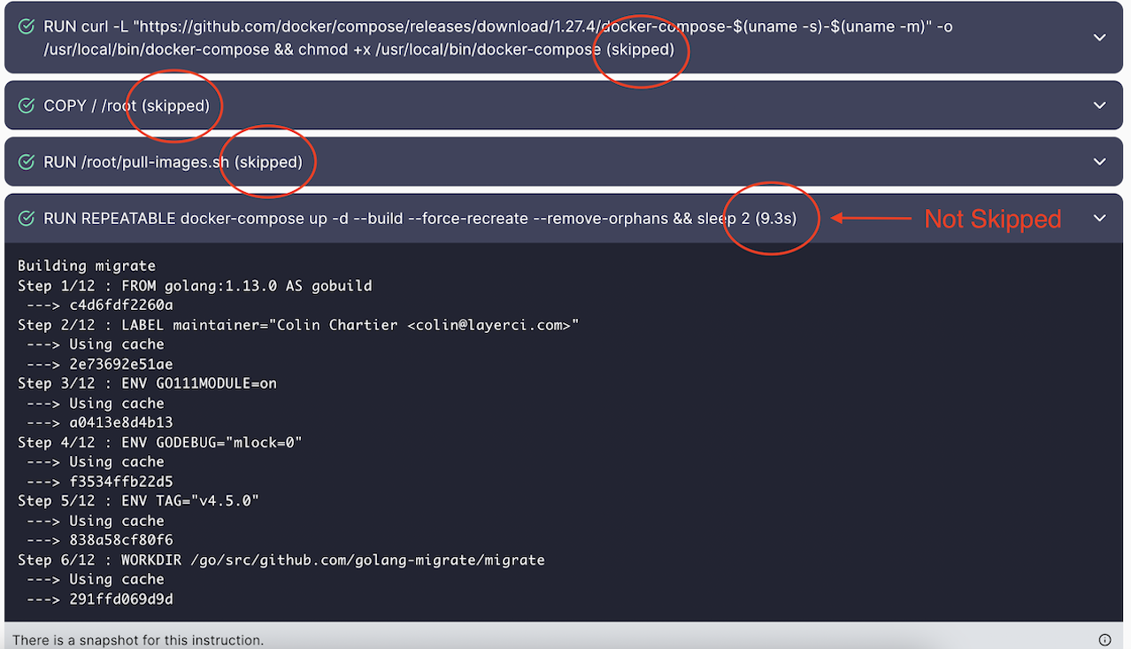 View of how skipped steps are denoted 'skipped' and ones that are not say the duration of time that step took