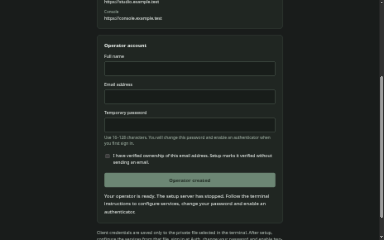 Local setup confirmation showing Operator created and instructions to configure services, change the password and enable an authenticator