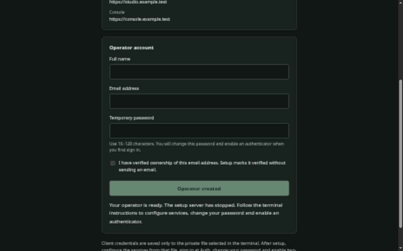 Local setup confirmation showing Operator created and instructions to configure services, change the password and enable an authenticator