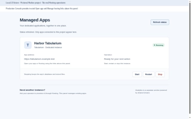 Managed Apps panel showing a dedicated Tabularium app in the running state